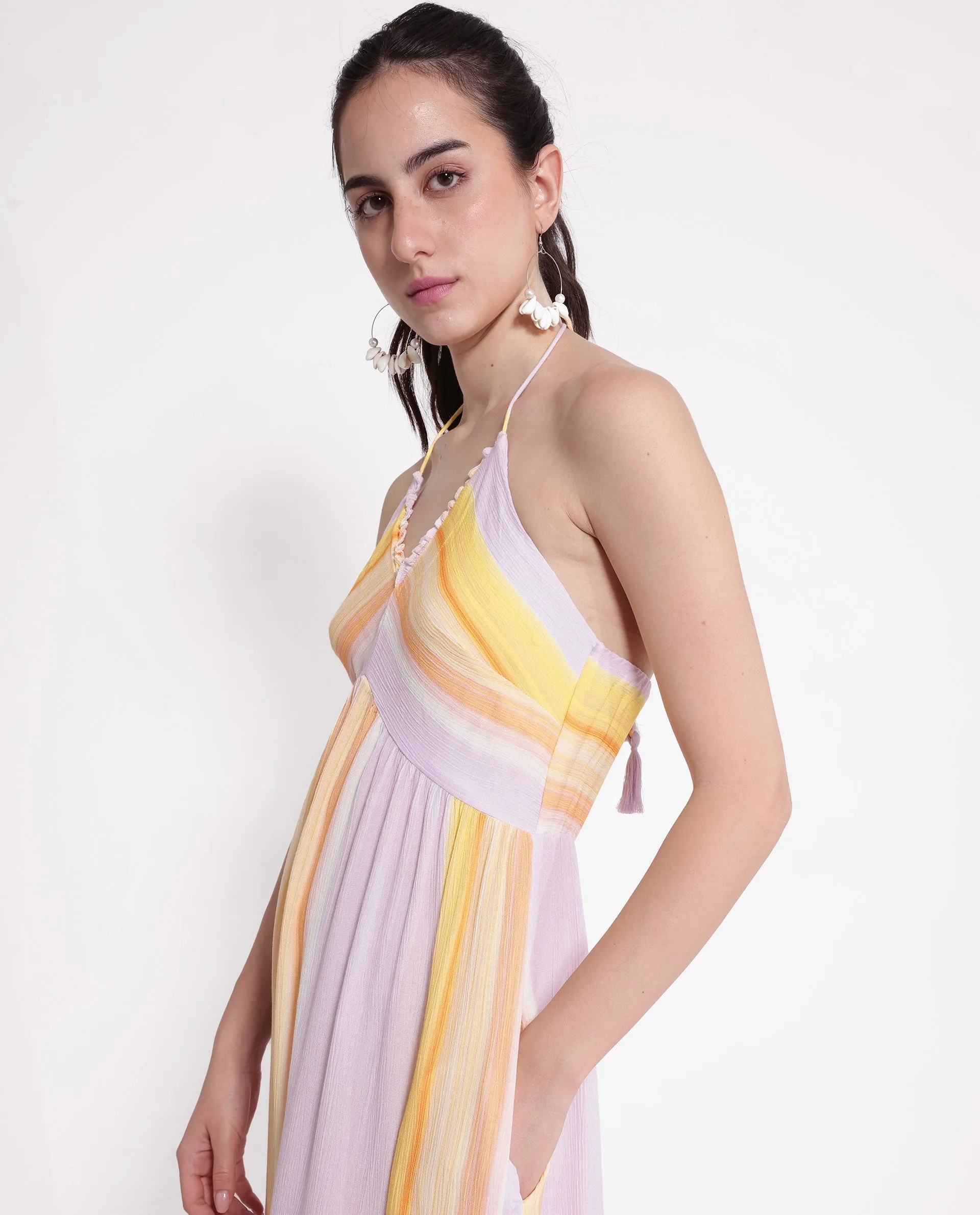 Rareism Women Muse Pastel Purple Viscose Fabric Sleeveless Halter Neck Tie Up Closure Fit And Flare Maxi Broad Stripes Dress