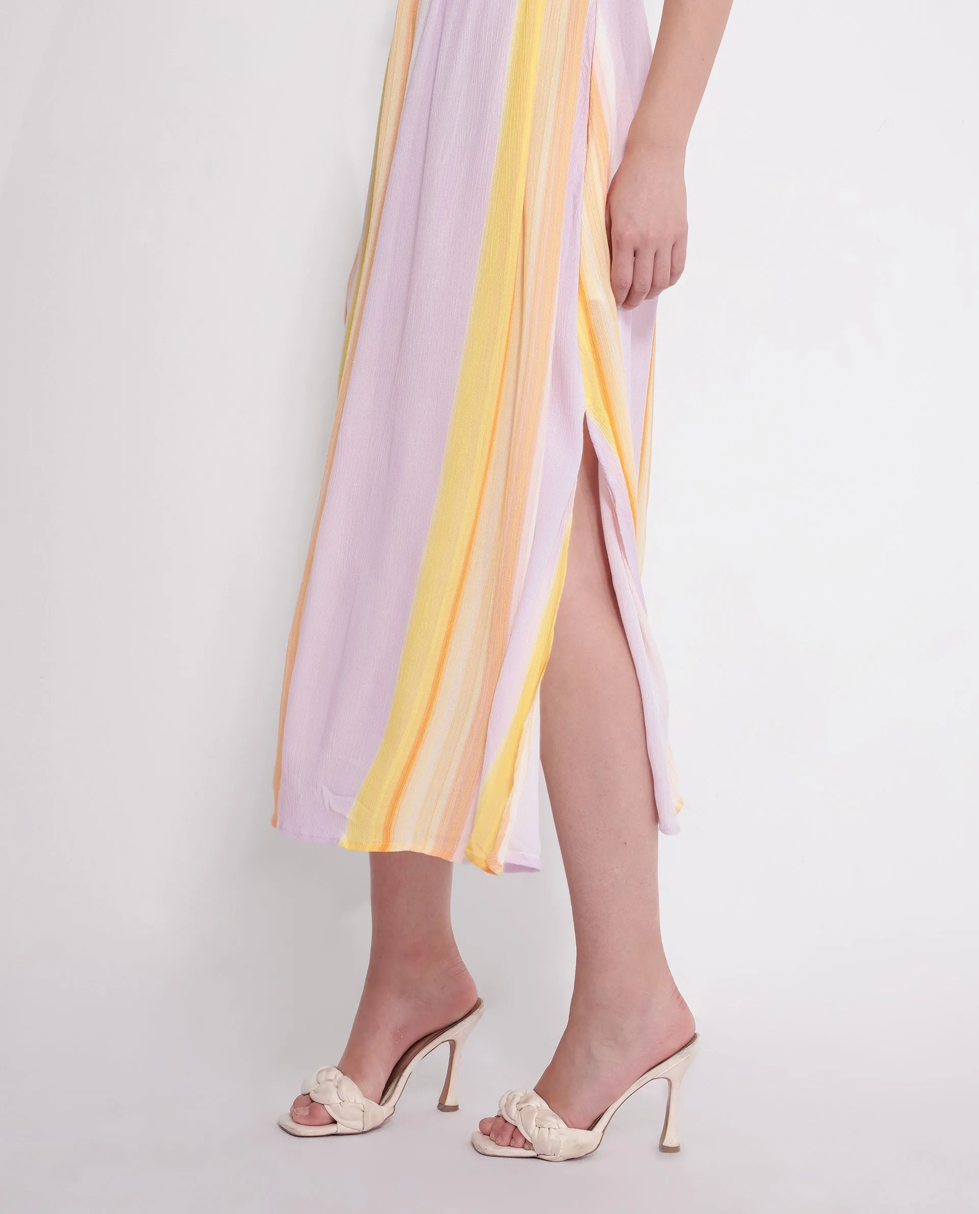 Rareism Women Muse Pastel Purple Viscose Fabric Sleeveless Halter Neck Tie Up Closure Fit And Flare Maxi Broad Stripes Dress