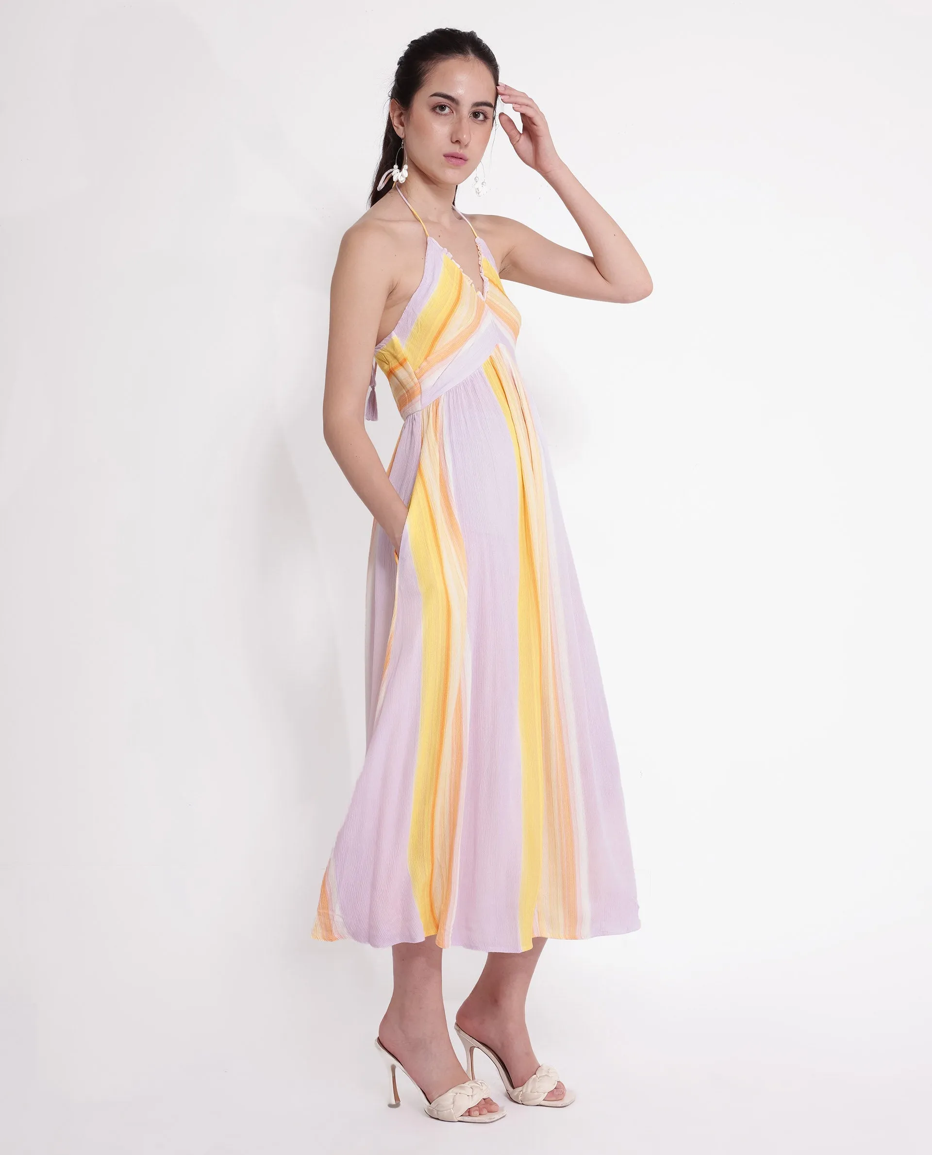 Rareism Women Muse Pastel Purple Viscose Fabric Sleeveless Halter Neck Tie Up Closure Fit And Flare Maxi Broad Stripes Dress