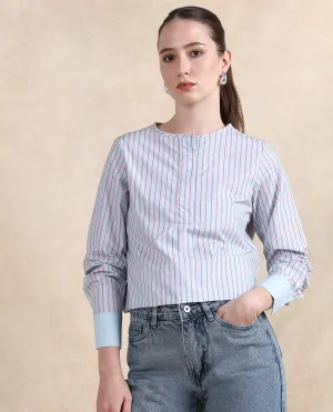 Rareism Women Telma Blue Cuffed Sleeve Round Neck Button Narrow Stripes Top