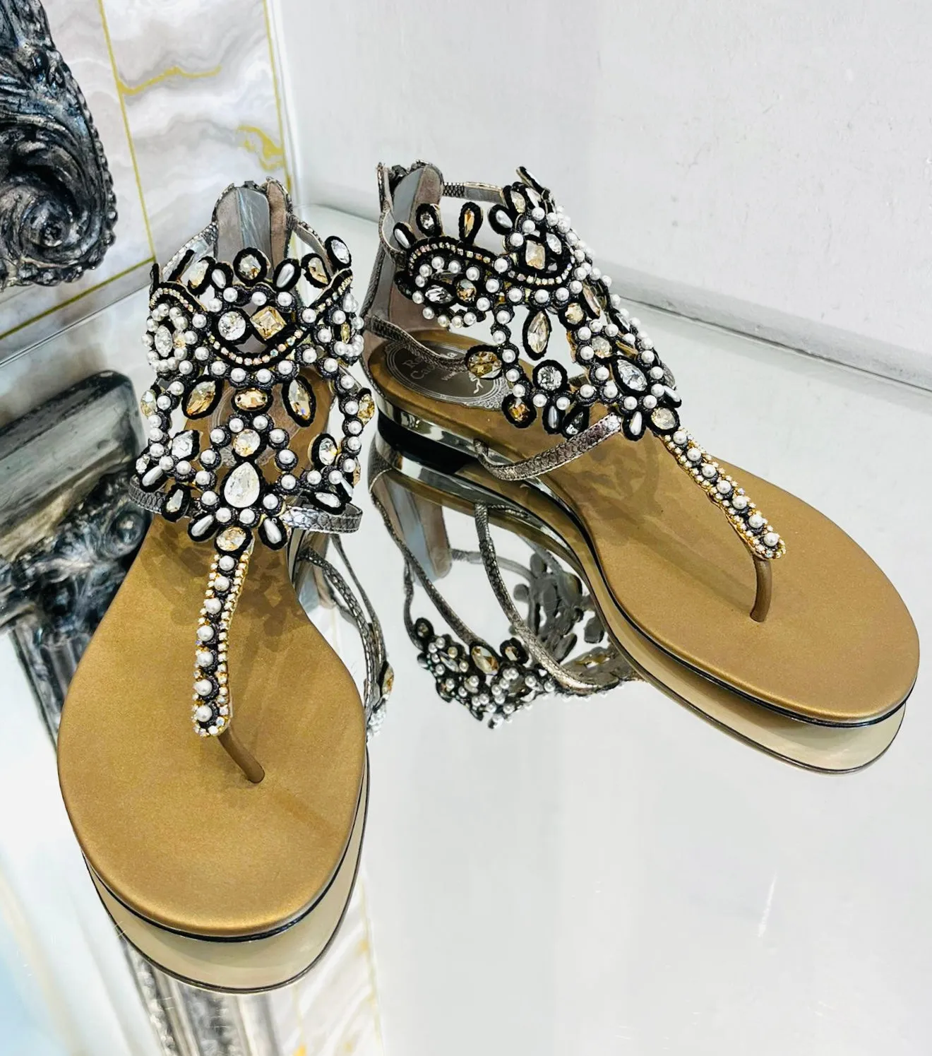 Rene Caovilla Snakeskin & Crystal Sandals. Size 37