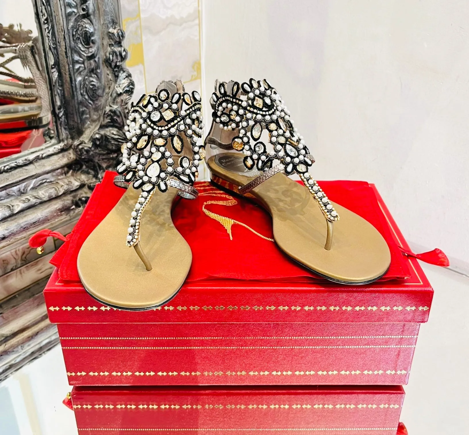 Rene Caovilla Snakeskin & Crystal Sandals. Size 37