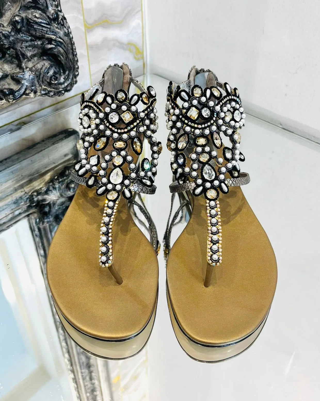 Rene Caovilla Snakeskin & Crystal Sandals. Size 37