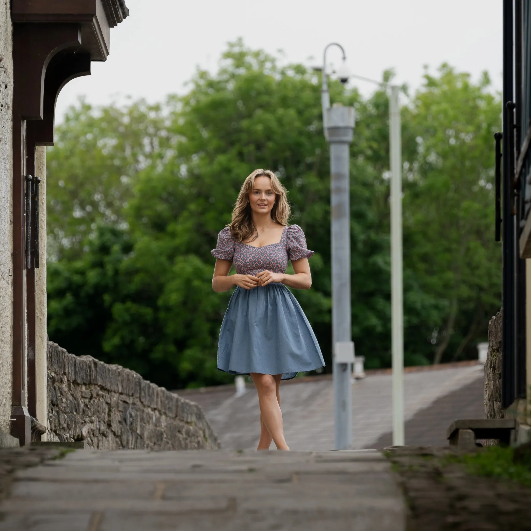 Roman Elegance Blue Floral Frock Dress