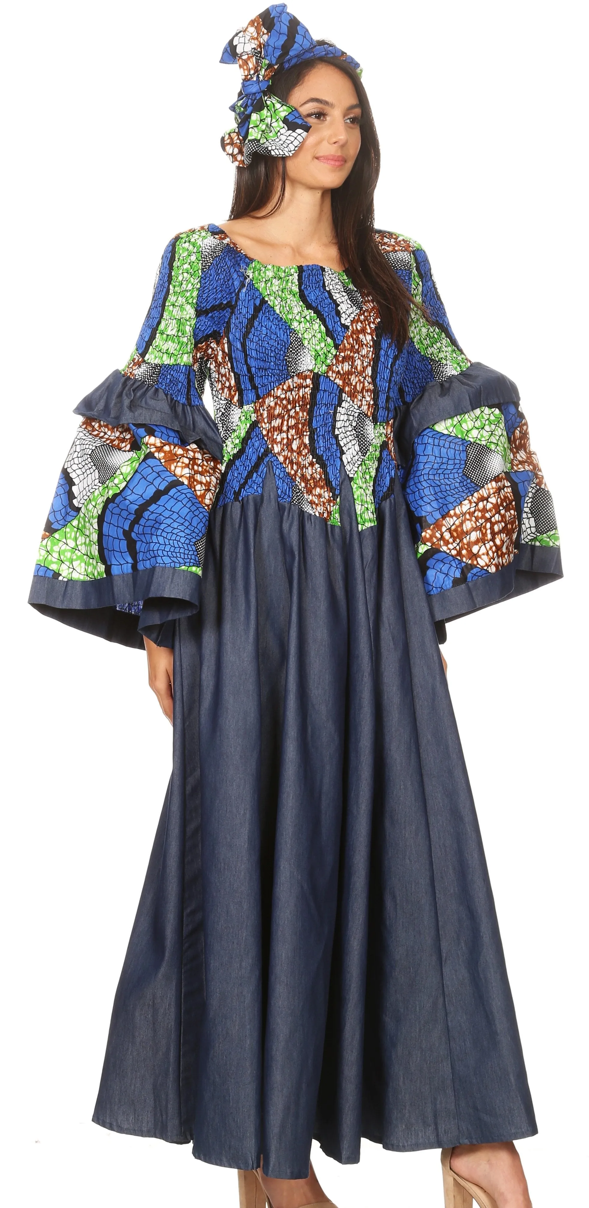 Sakkas Abayomi  Wax African Ankara Chambray Peasant Medieval Casual Long Dress