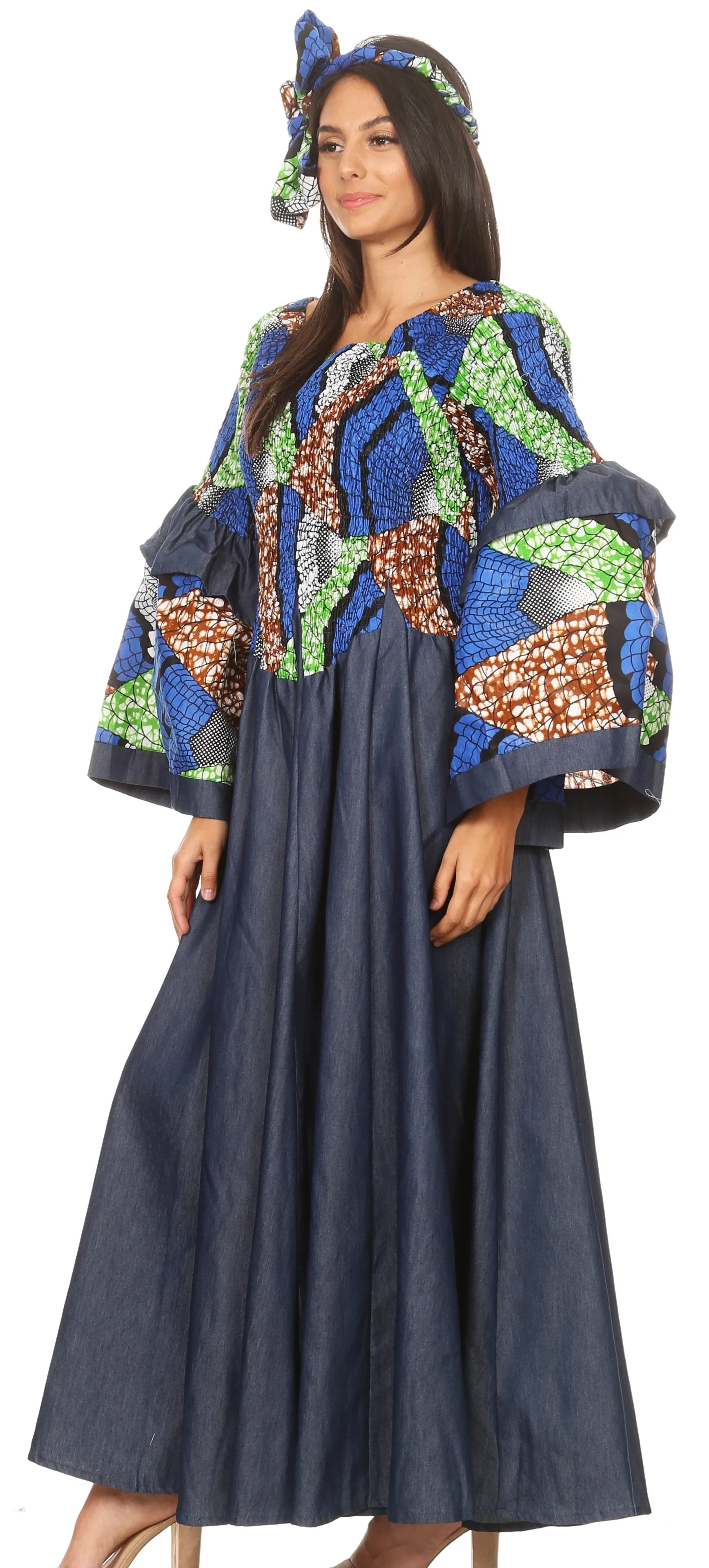 Sakkas Abayomi  Wax African Ankara Chambray Peasant Medieval Casual Long Dress