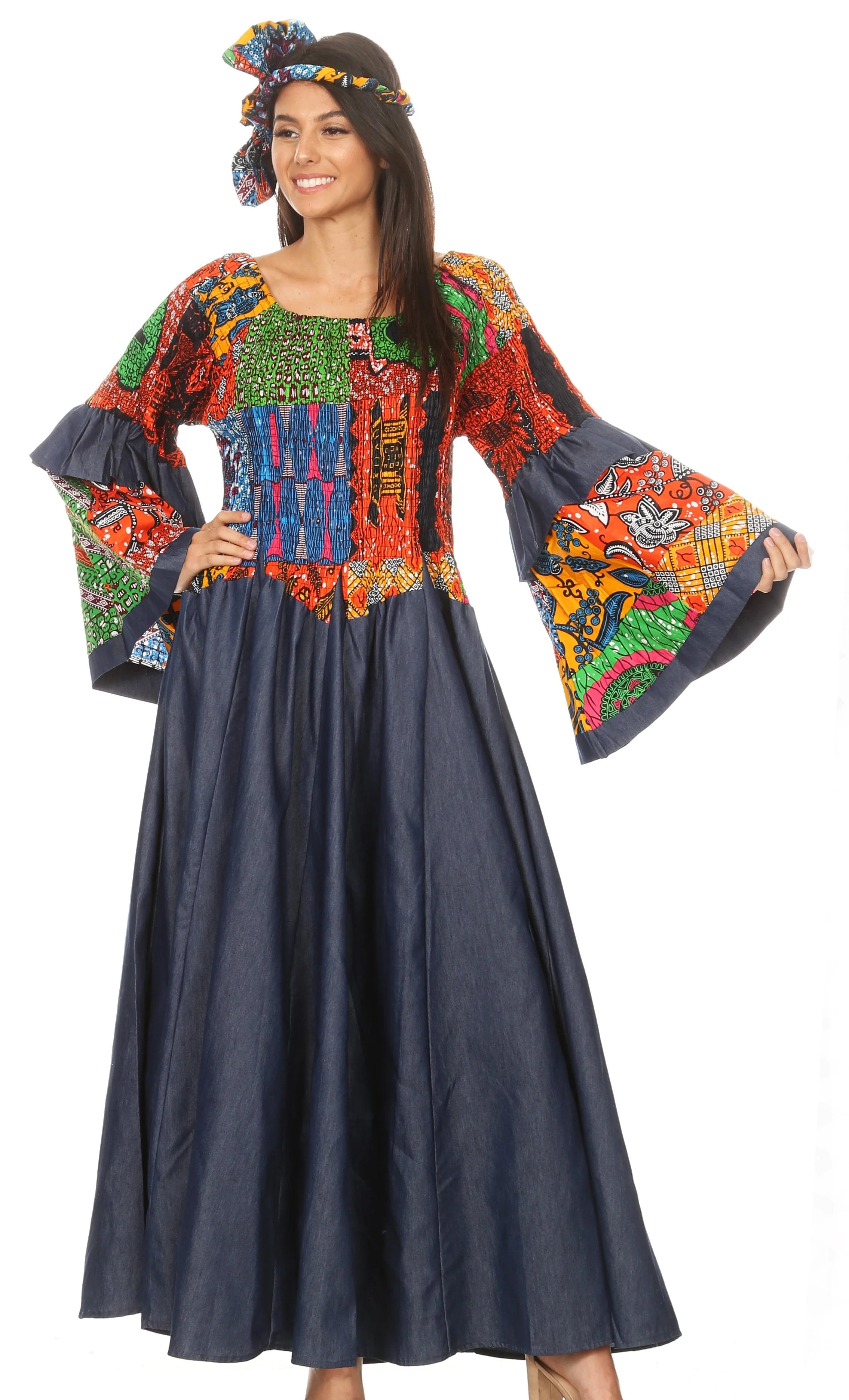 Sakkas Abayomi  Wax African Ankara Chambray Peasant Medieval Casual Long Dress