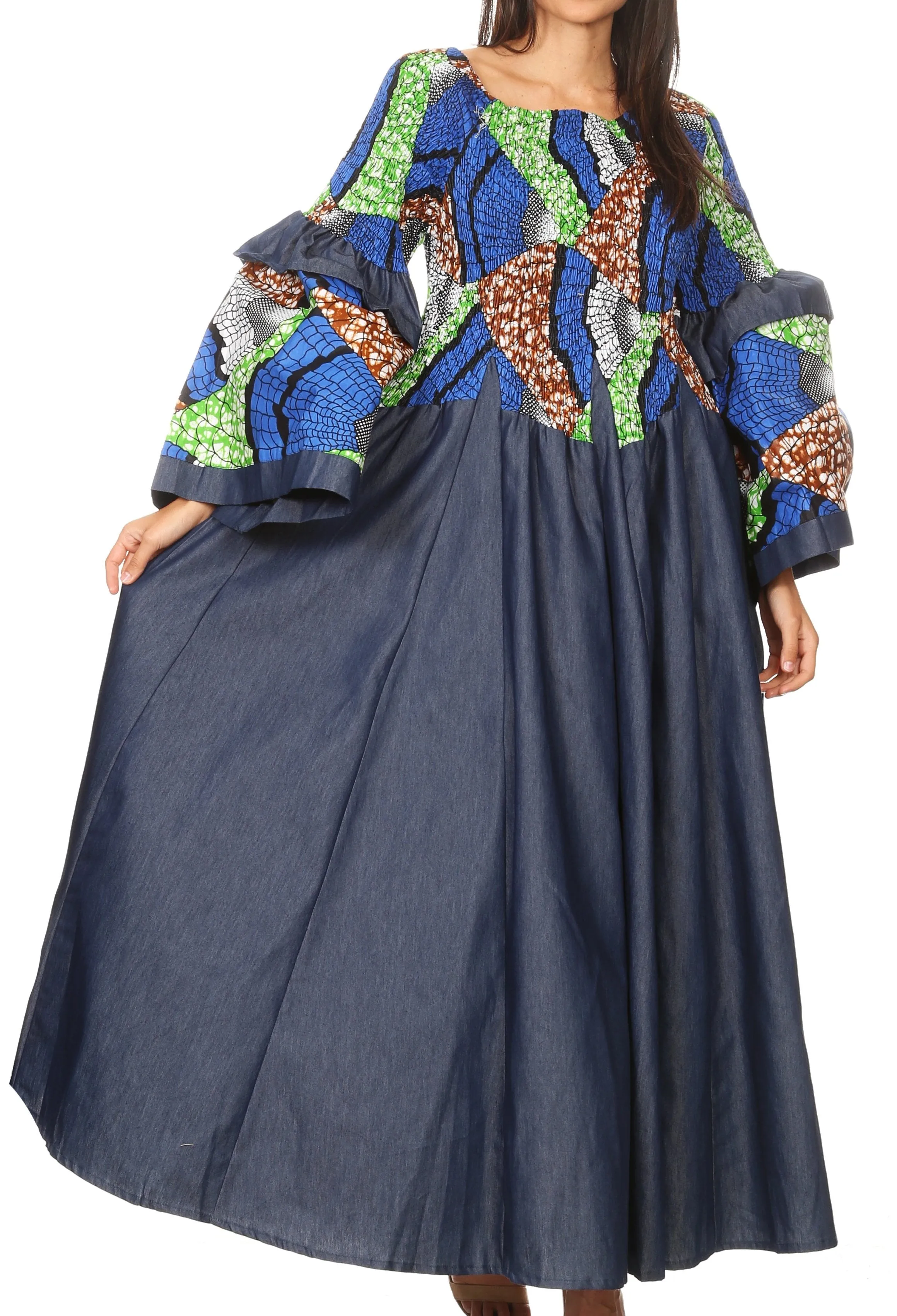 Sakkas Abayomi  Wax African Ankara Chambray Peasant Medieval Casual Long Dress