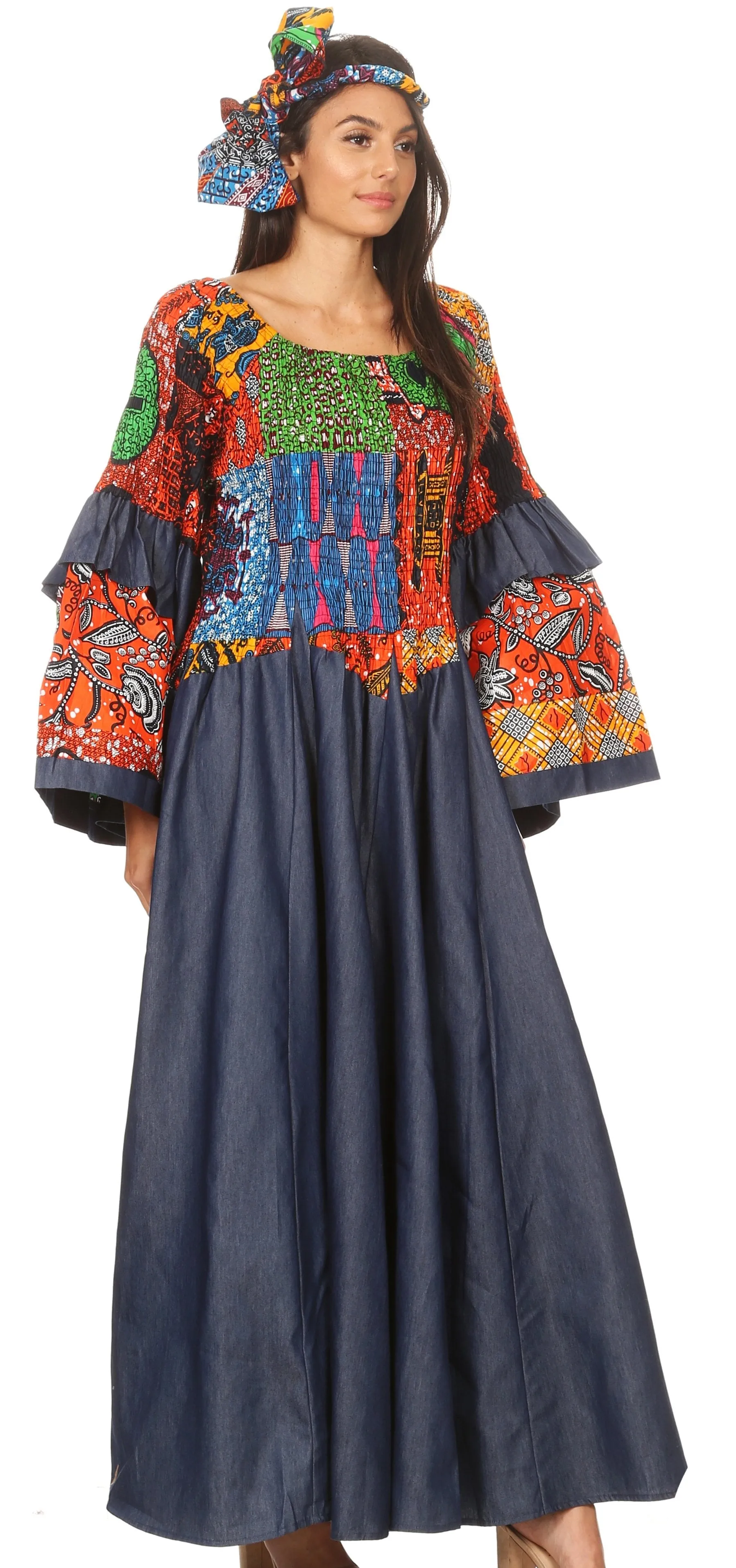 Sakkas Abayomi  Wax African Ankara Chambray Peasant Medieval Casual Long Dress