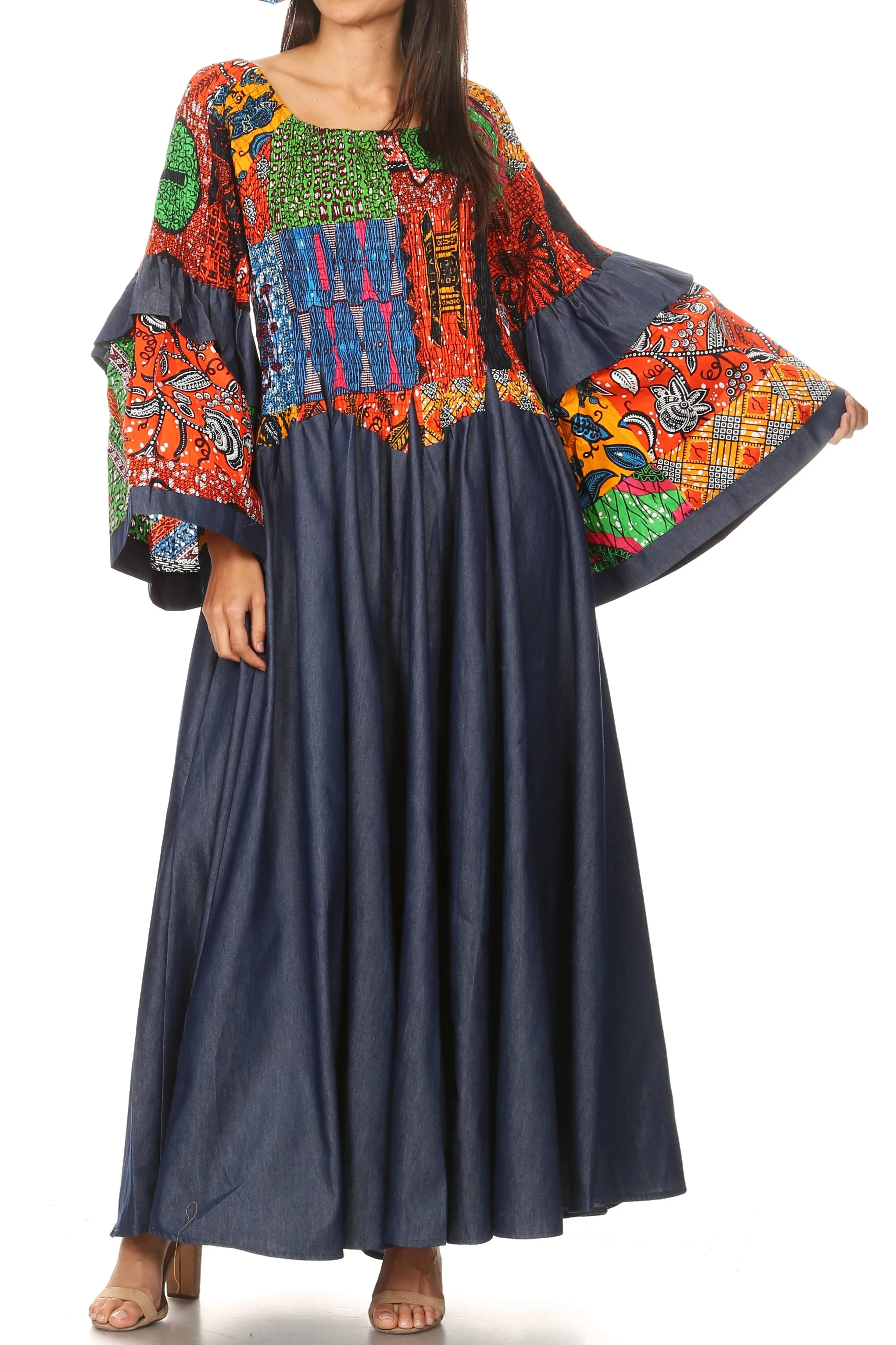 Sakkas Abayomi  Wax African Ankara Chambray Peasant Medieval Casual Long Dress