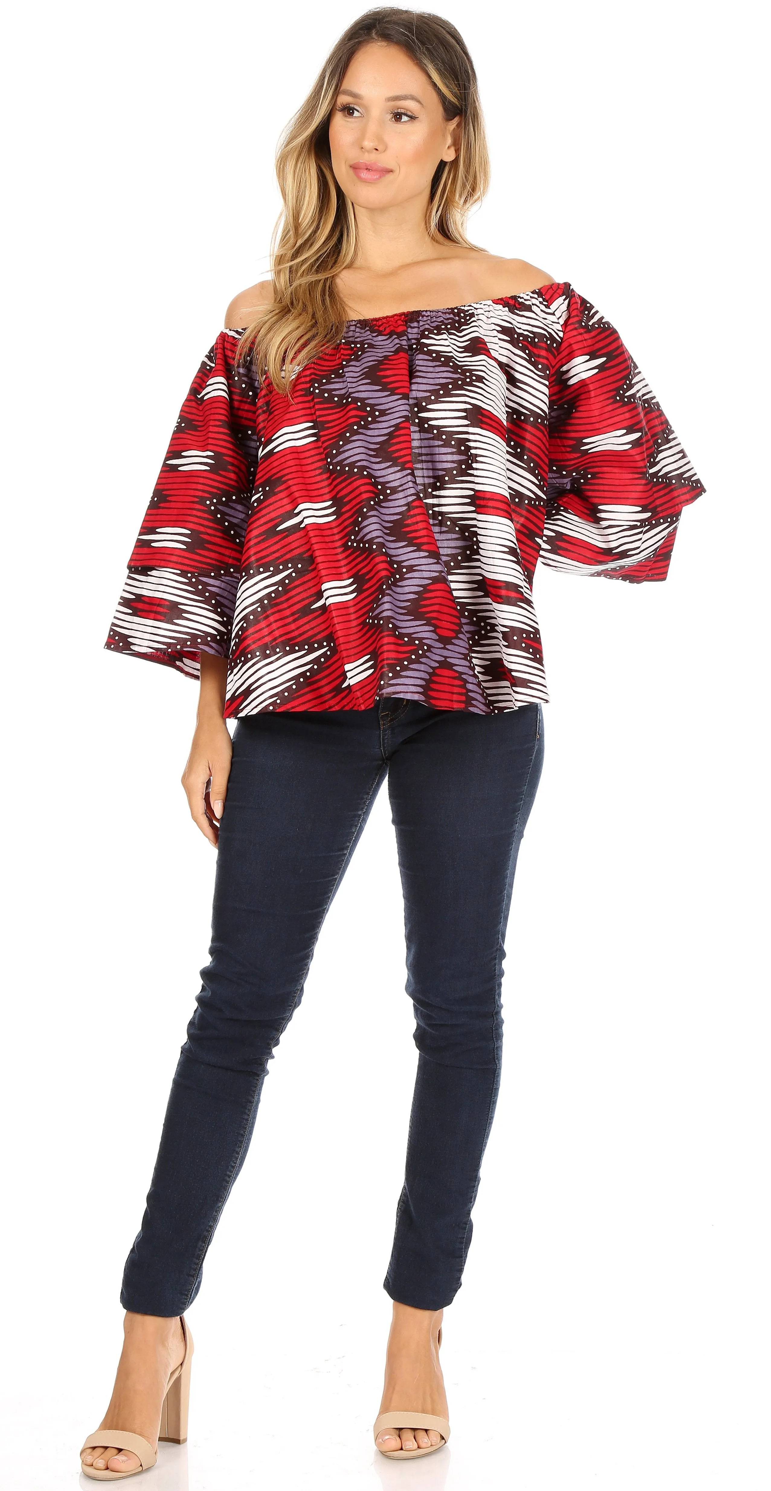 Sakkas Abree Off-shoulder Short Sleeve  Blouse Top Ankara Wax Dutch African Print