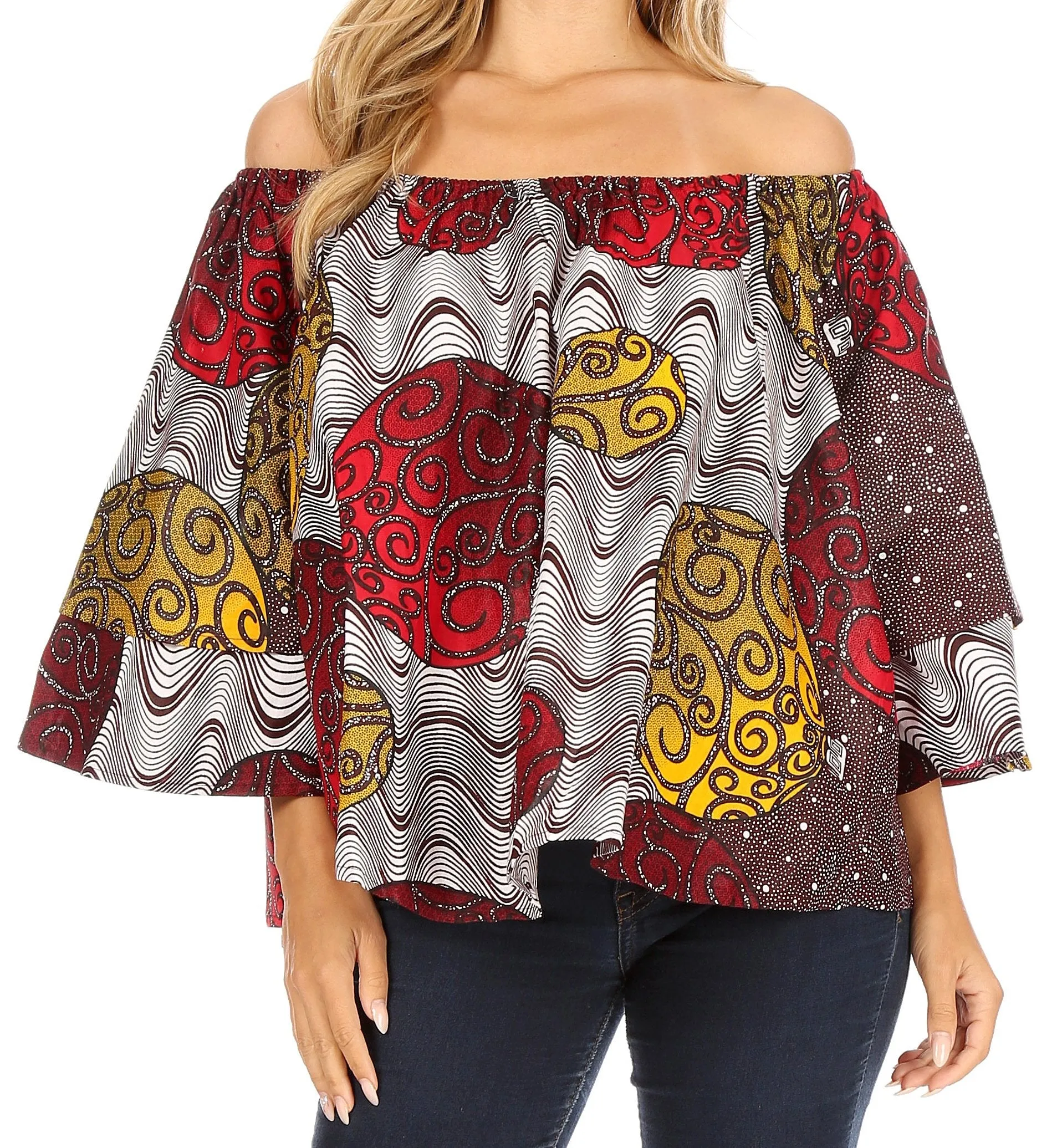 Sakkas Abree Off-shoulder Short Sleeve  Blouse Top Ankara Wax Dutch African Print