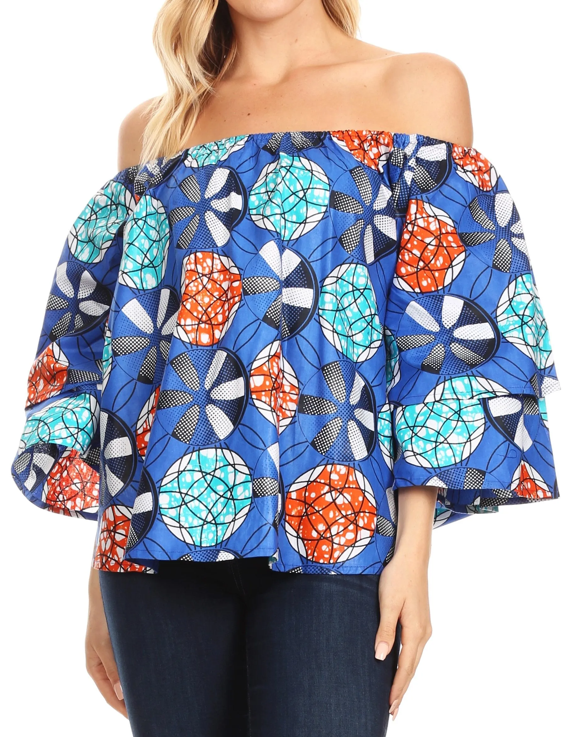 Sakkas Abree Off-shoulder Short Sleeve  Blouse Top Ankara Wax Dutch African Print