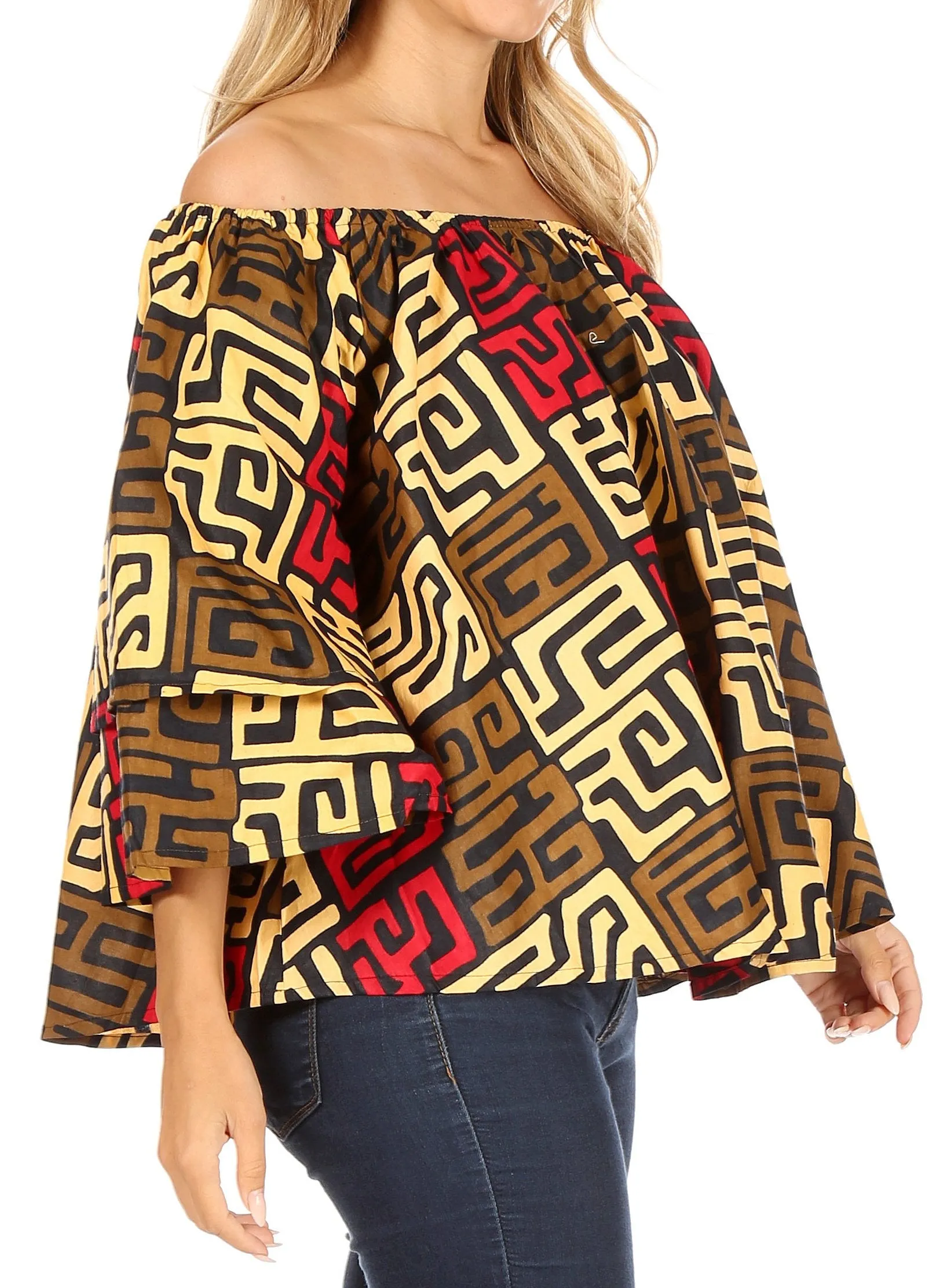 Sakkas Abree Off-shoulder Short Sleeve  Blouse Top Ankara Wax Dutch African Print