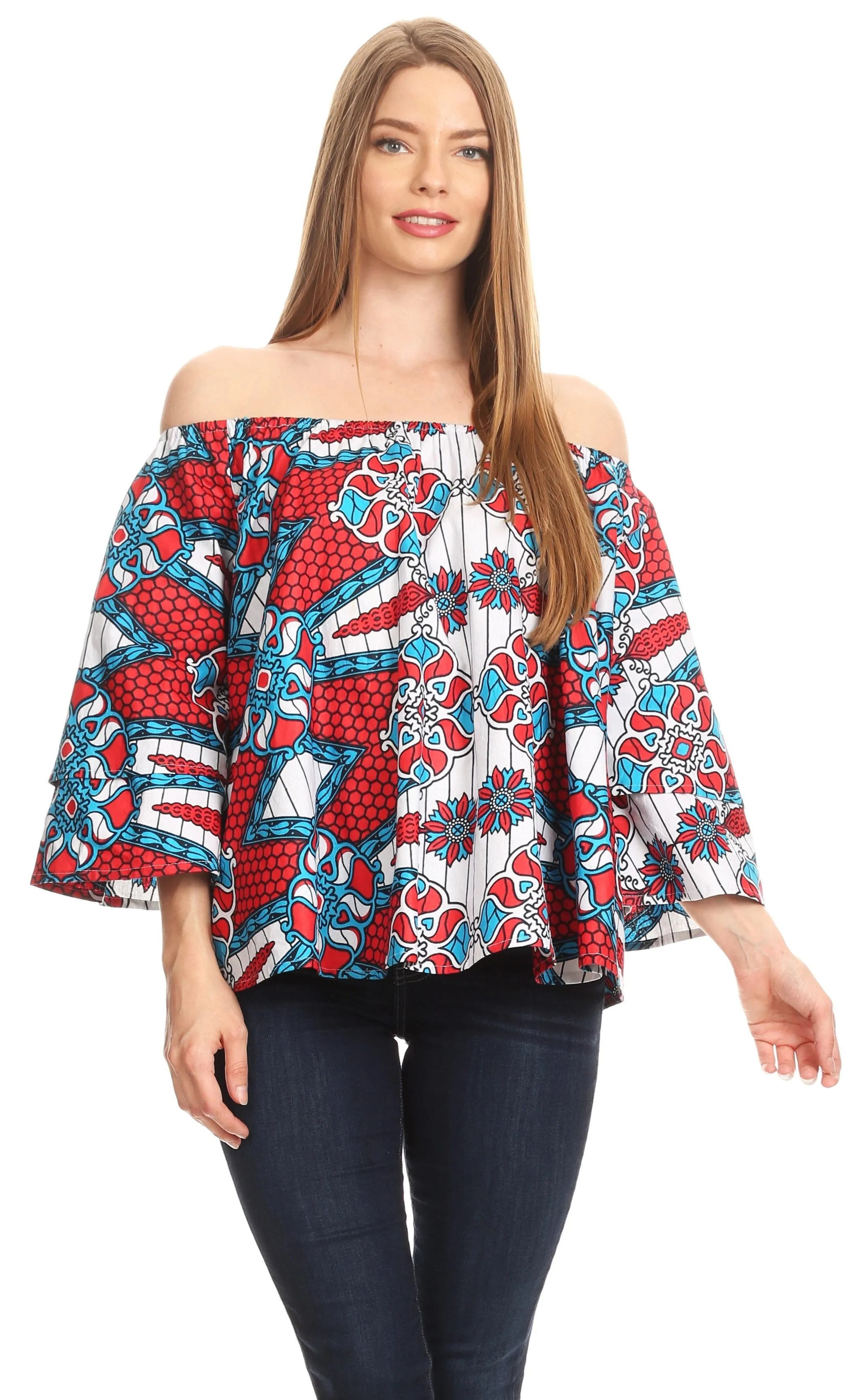 Sakkas Abree Off-shoulder Short Sleeve  Blouse Top Ankara Wax Dutch African Print