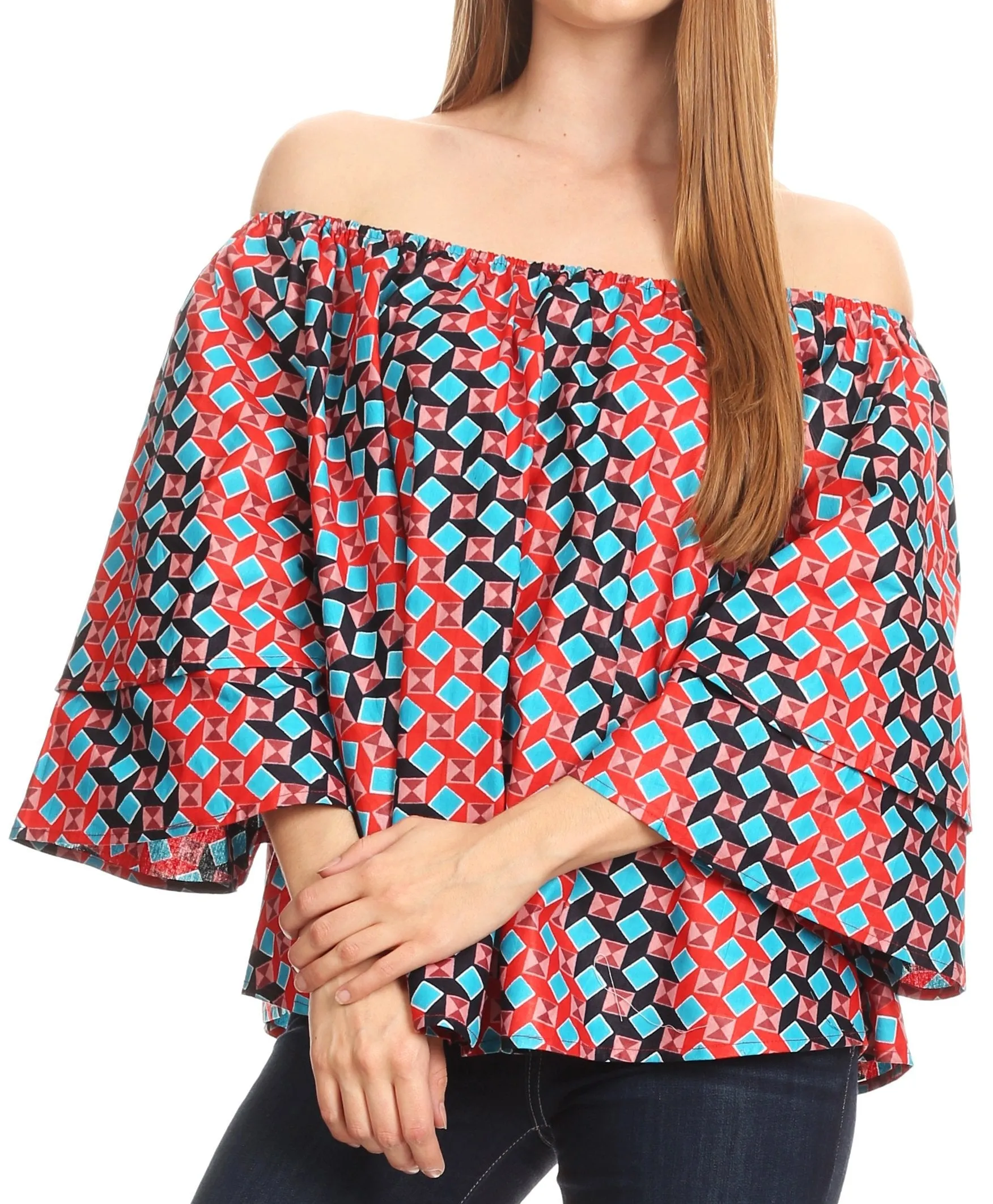 Sakkas Abree Off-shoulder Short Sleeve  Blouse Top Ankara Wax Dutch African Print