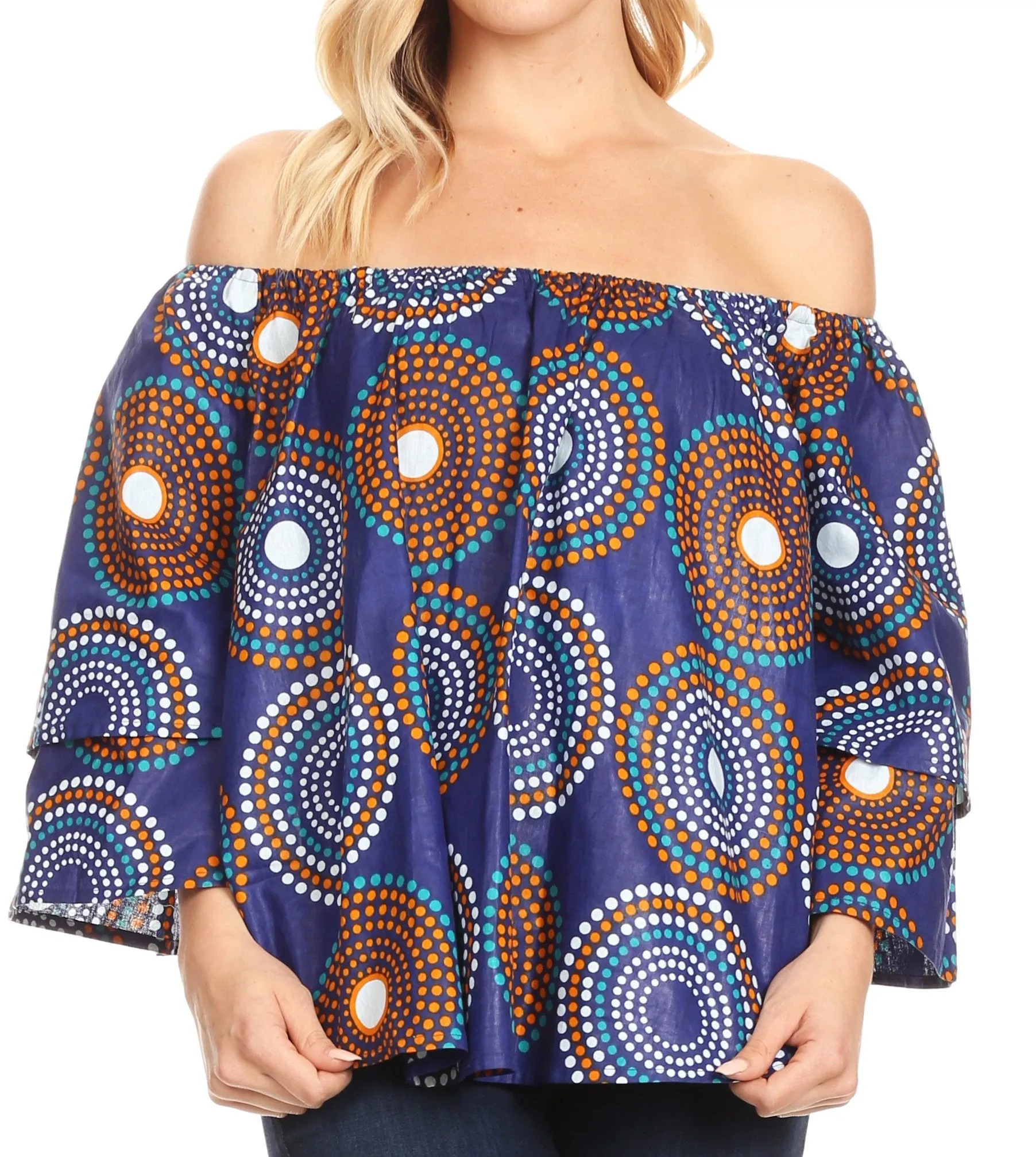 Sakkas Abree Off-shoulder Short Sleeve  Blouse Top Ankara Wax Dutch African Print