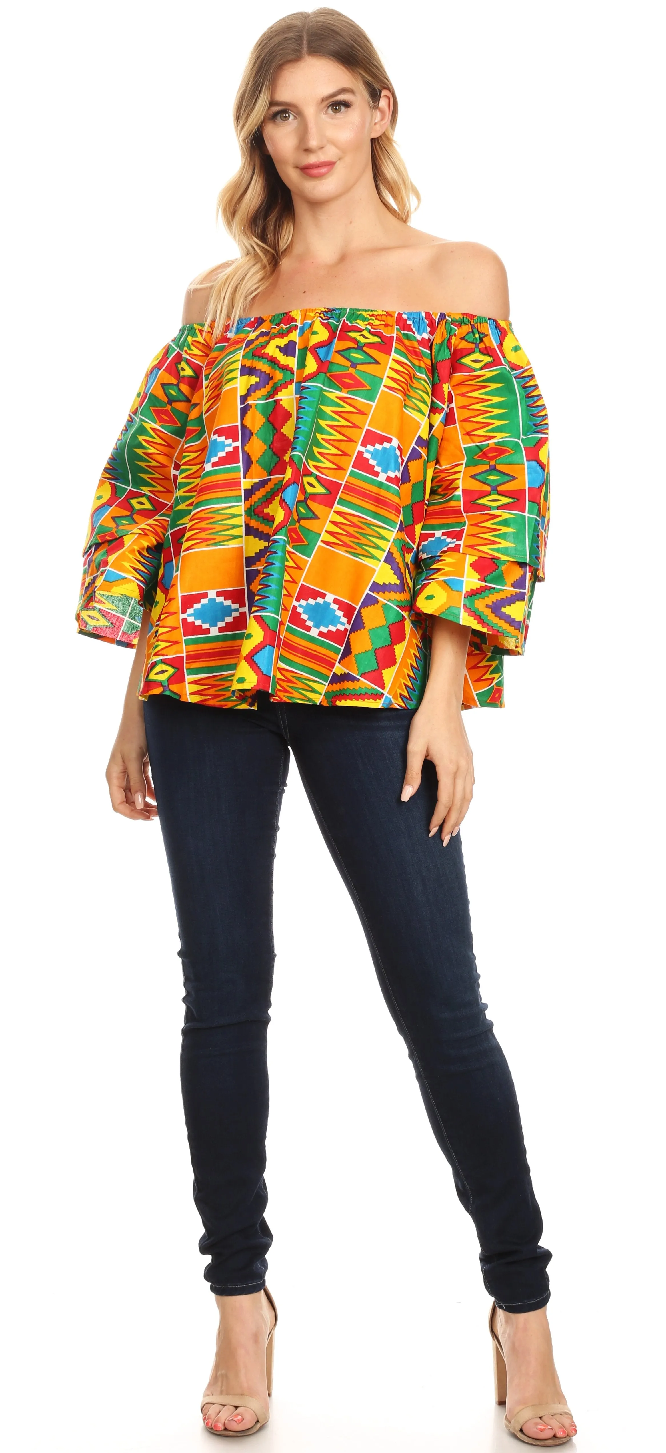 Sakkas Abree Off-shoulder Short Sleeve  Blouse Top Ankara Wax Dutch African Print