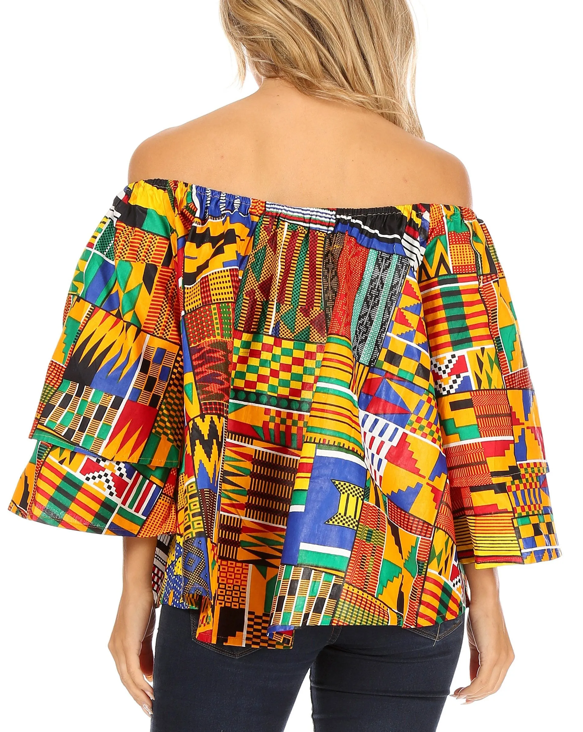 Sakkas Abree Off-shoulder Short Sleeve  Blouse Top Ankara Wax Dutch African Print