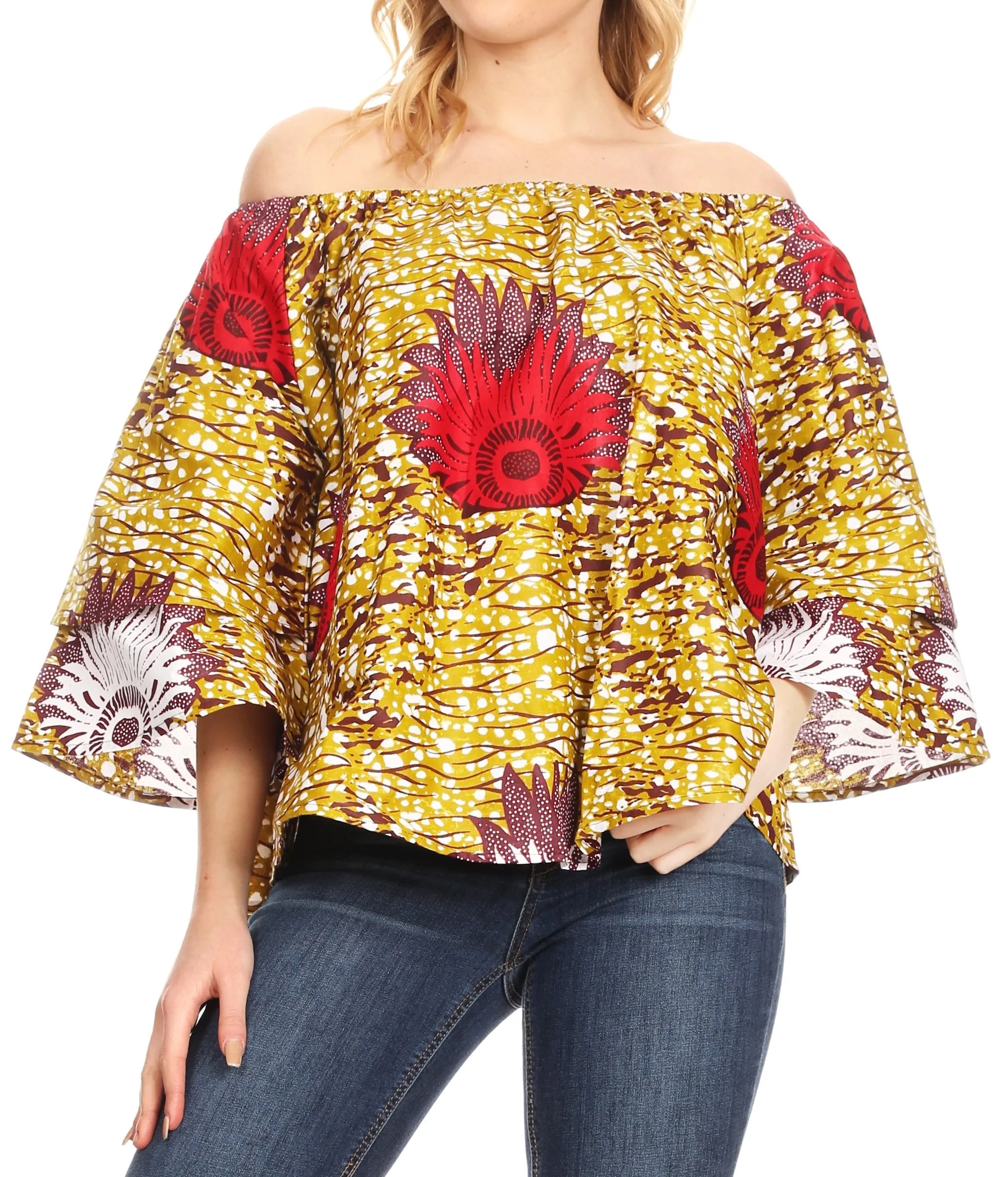 Sakkas Abree Off-shoulder Short Sleeve  Blouse Top Ankara Wax Dutch African Print