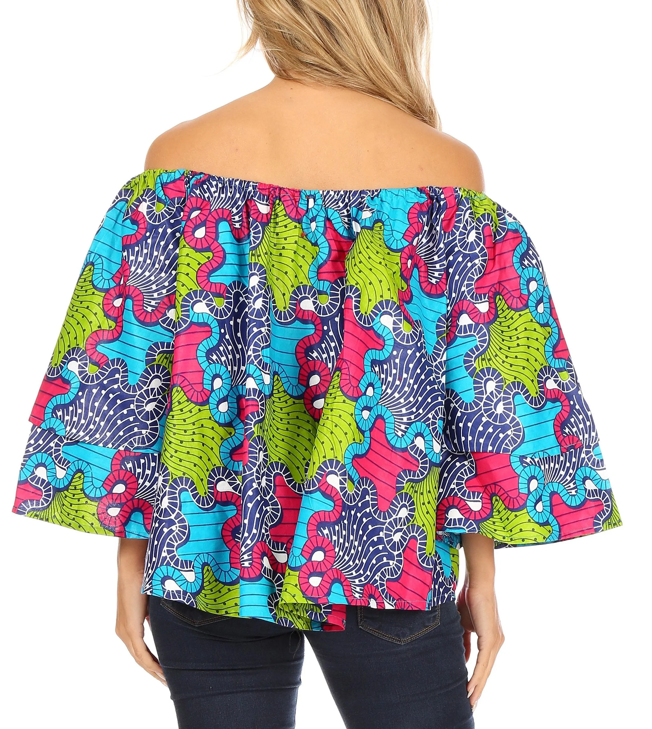 Sakkas Abree Off-shoulder Short Sleeve  Blouse Top Ankara Wax Dutch African Print