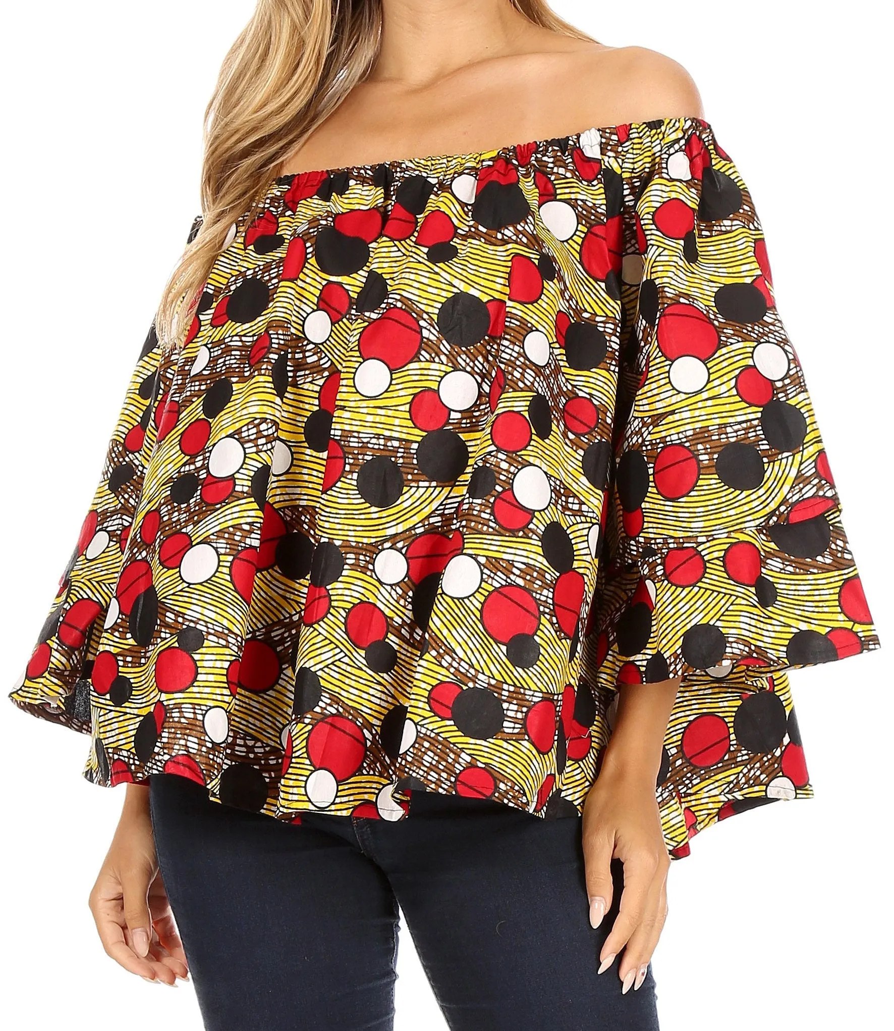 Sakkas Abree Off-shoulder Short Sleeve  Blouse Top Ankara Wax Dutch African Print