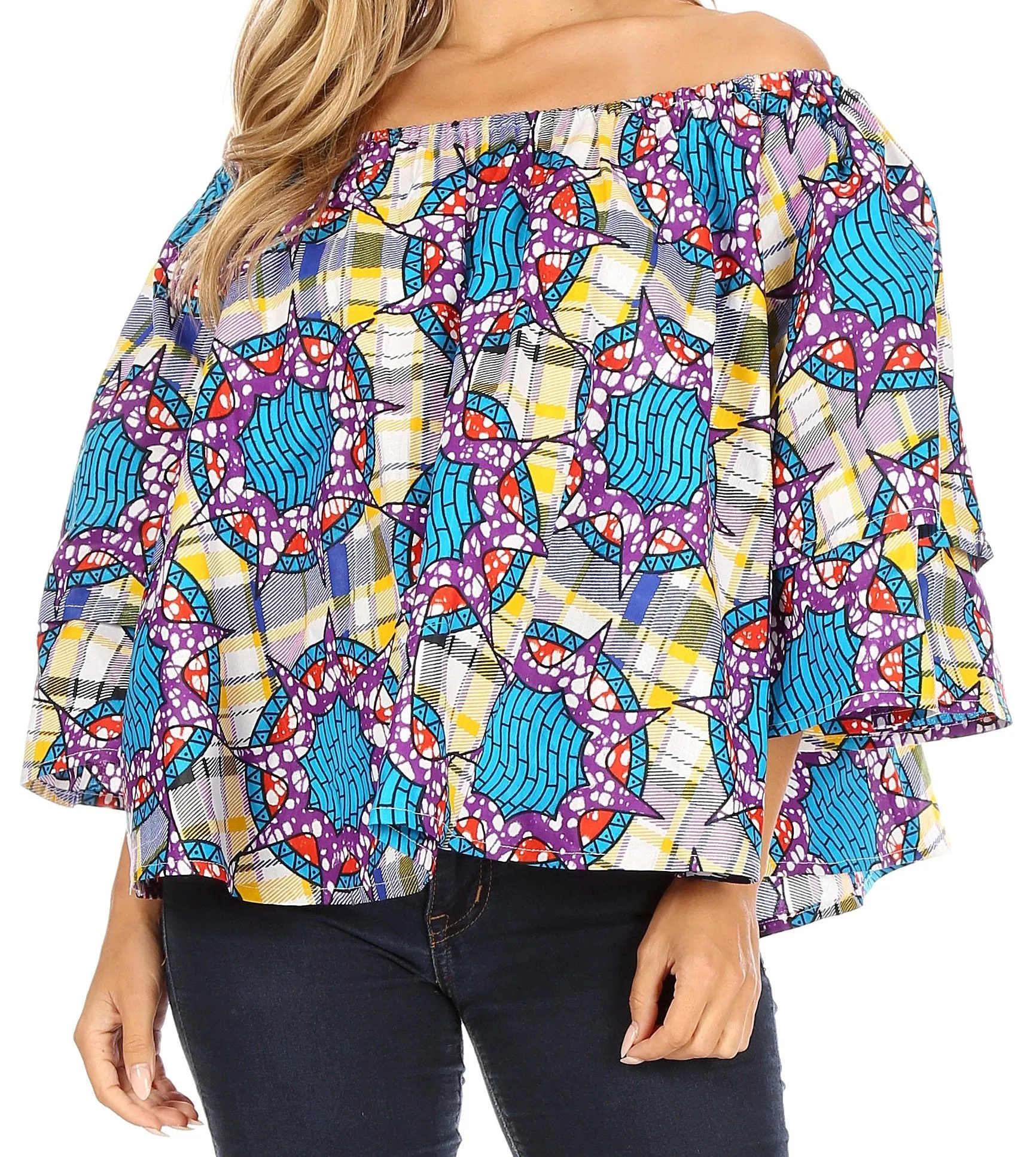 Sakkas Abree Off-shoulder Short Sleeve  Blouse Top Ankara Wax Dutch African Print