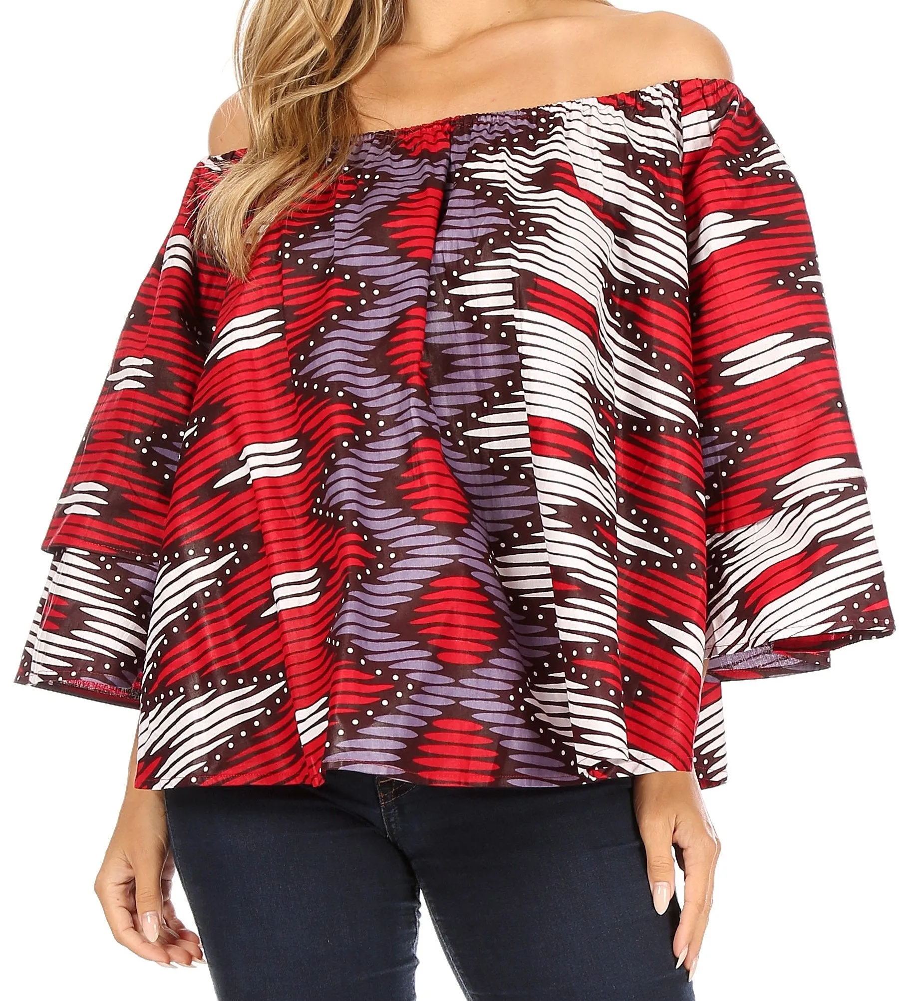 Sakkas Abree Off-shoulder Short Sleeve  Blouse Top Ankara Wax Dutch African Print