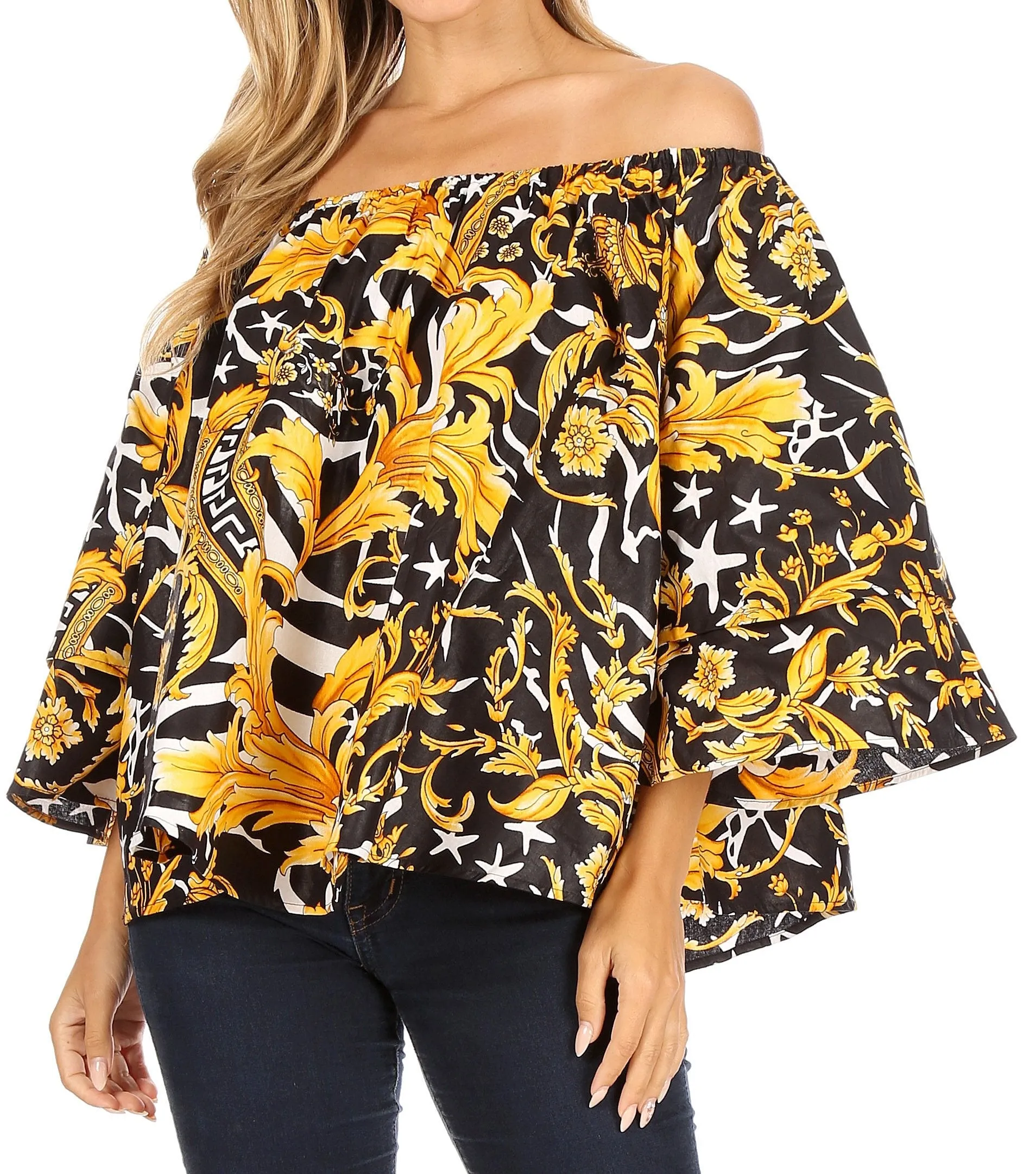 Sakkas Abree Off-shoulder Short Sleeve  Blouse Top Ankara Wax Dutch African Print