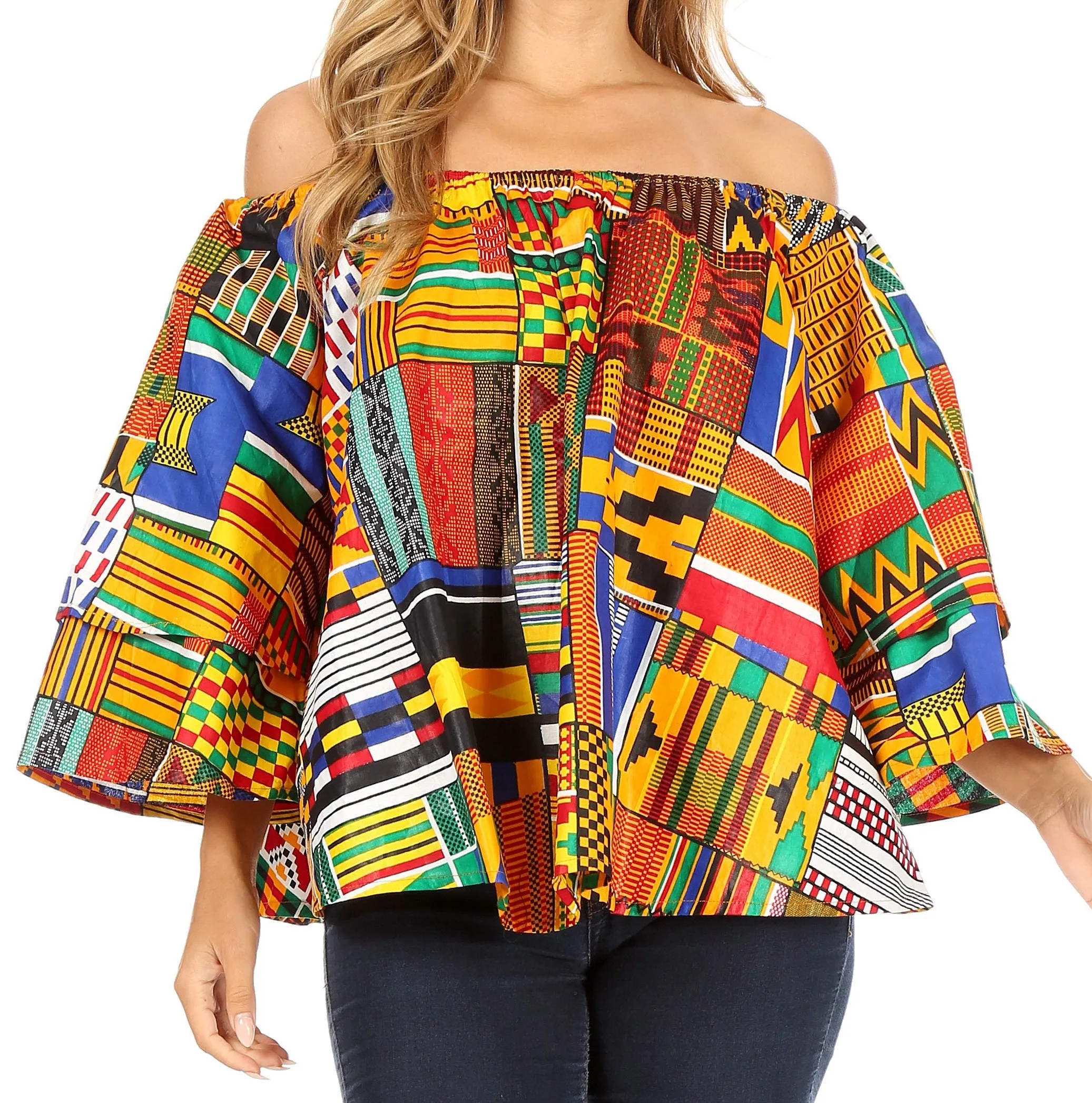 Sakkas Abree Off-shoulder Short Sleeve  Blouse Top Ankara Wax Dutch African Print