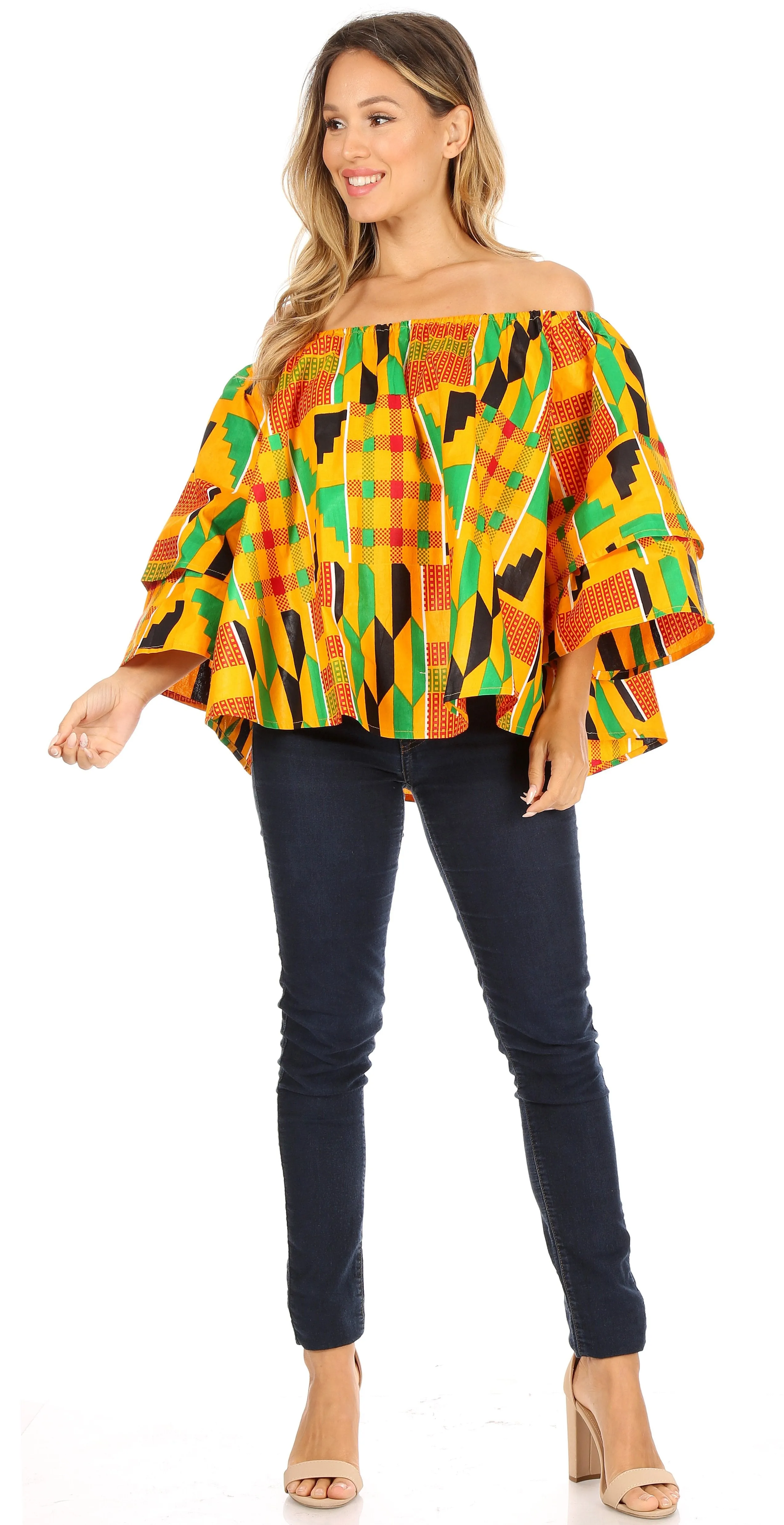 Sakkas Abree Off-shoulder Short Sleeve  Blouse Top Ankara Wax Dutch African Print