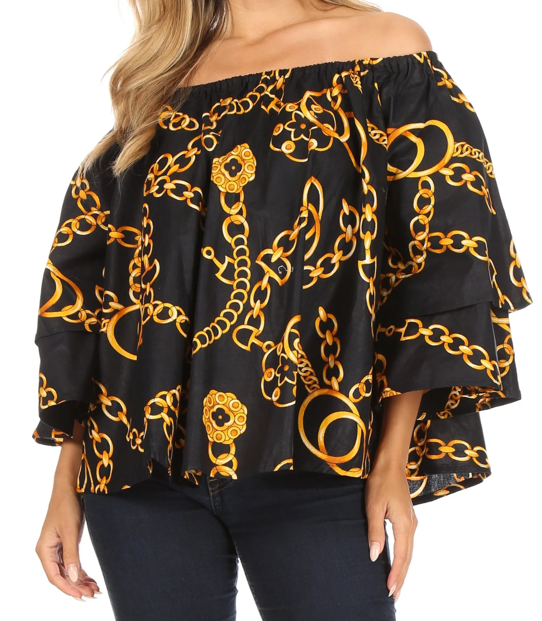 Sakkas Abree Off-shoulder Short Sleeve  Blouse Top Ankara Wax Dutch African Print