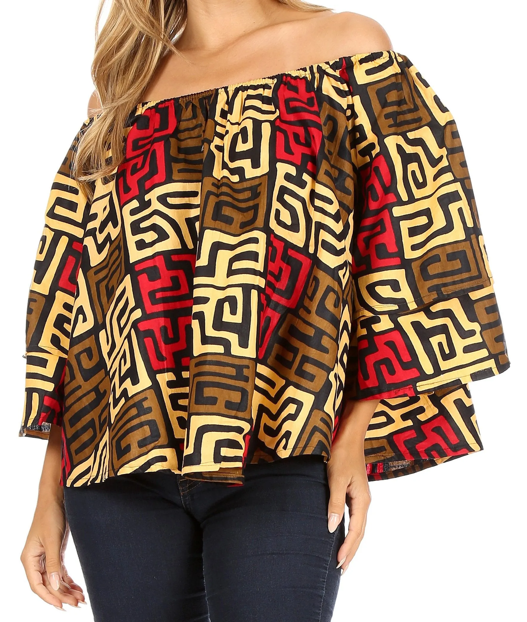 Sakkas Abree Off-shoulder Short Sleeve  Blouse Top Ankara Wax Dutch African Print