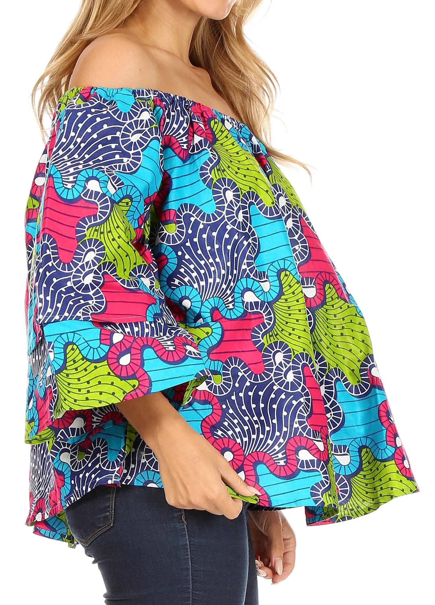 Sakkas Abree Off-shoulder Short Sleeve  Blouse Top Ankara Wax Dutch African Print