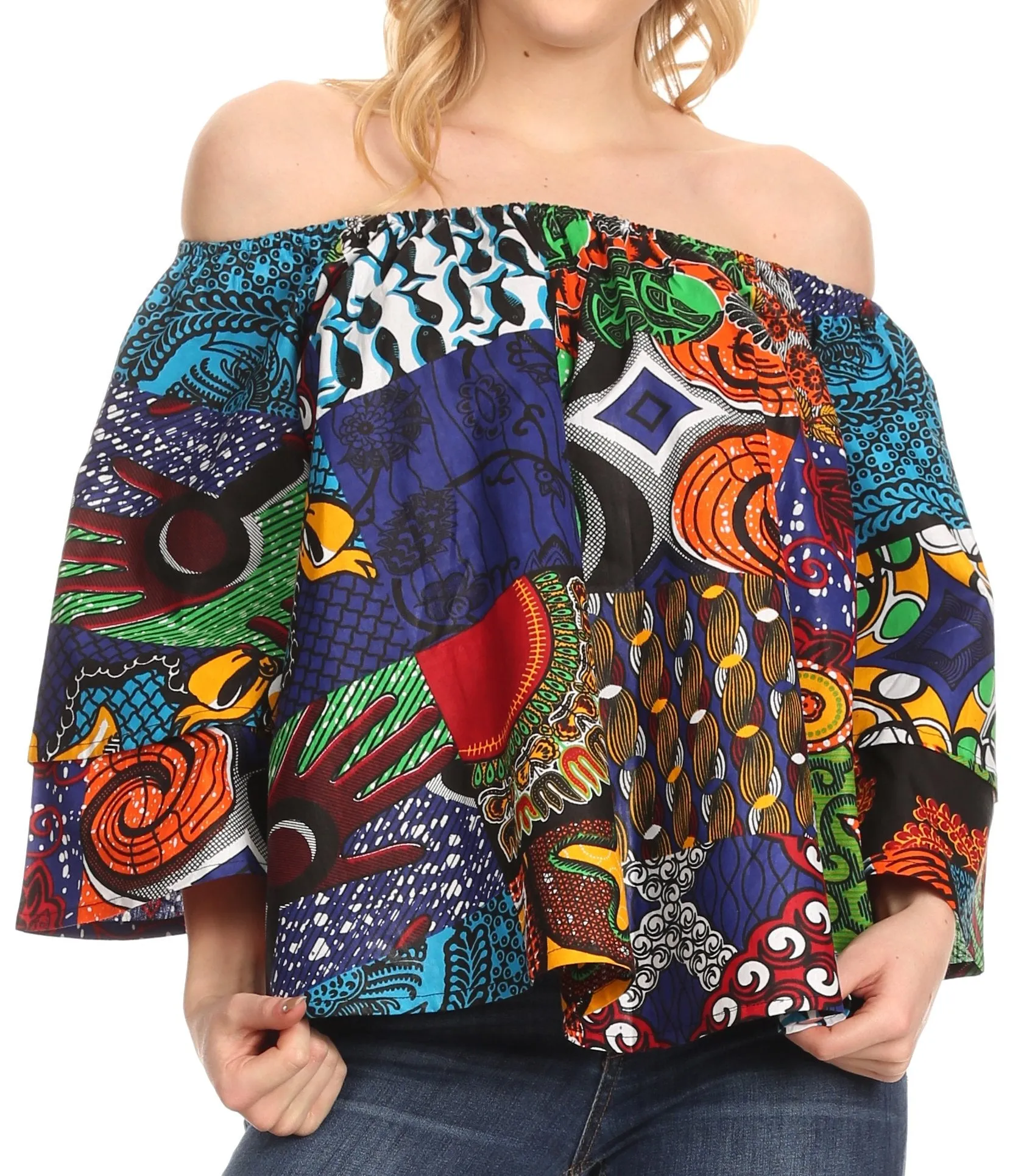 Sakkas Abree Off-shoulder Short Sleeve  Blouse Top Ankara Wax Dutch African Print