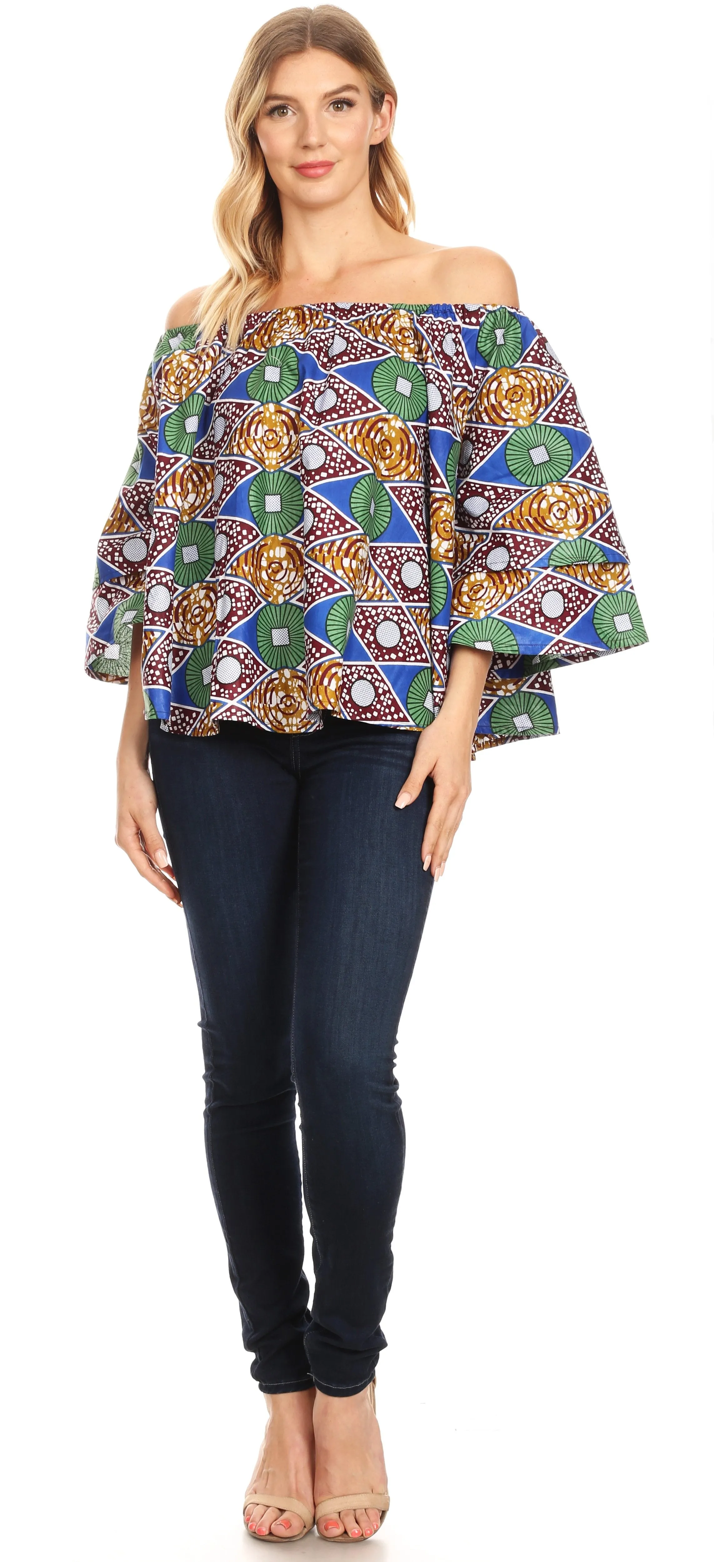 Sakkas Abree Off-shoulder Short Sleeve  Blouse Top Ankara Wax Dutch African Print