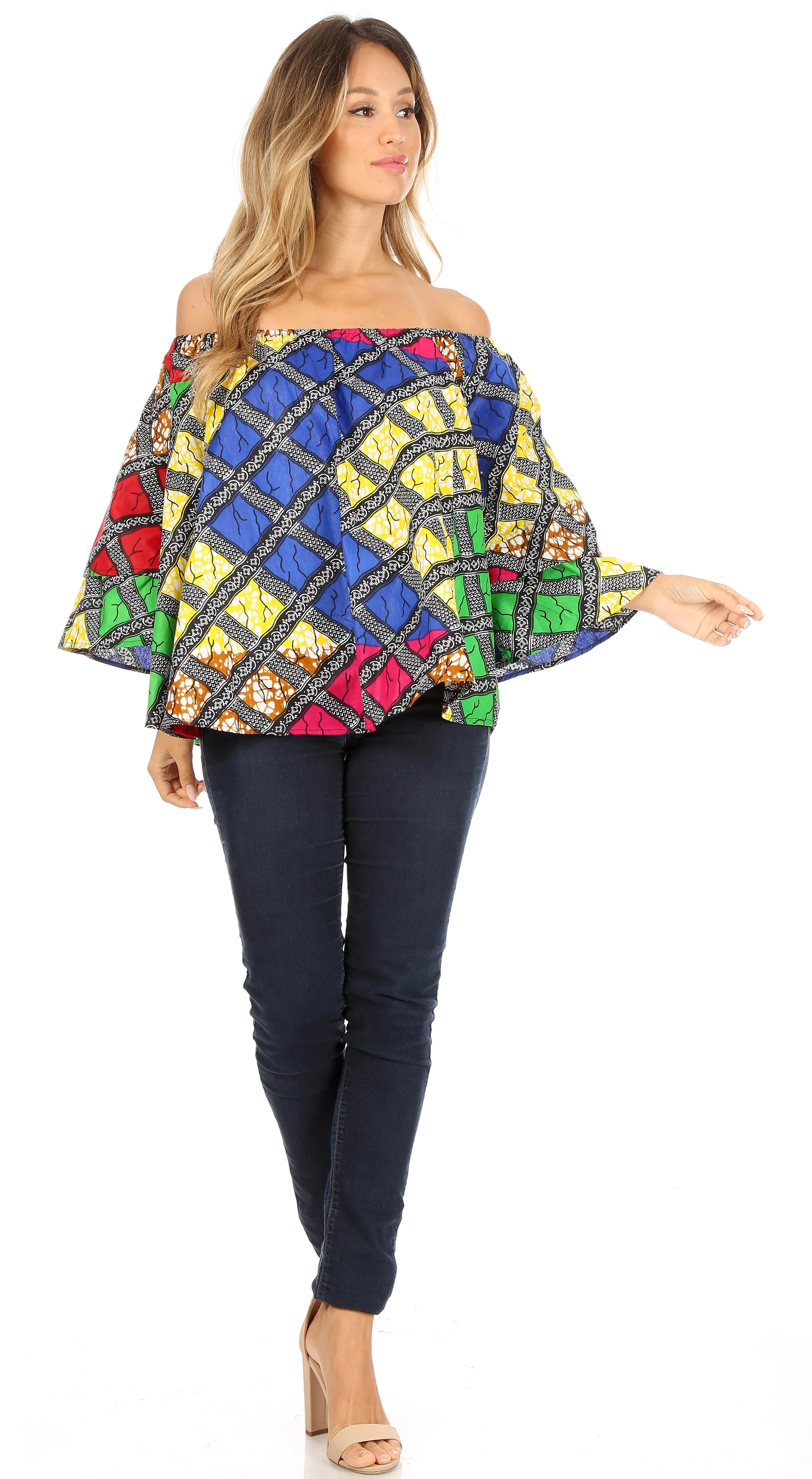 Sakkas Abree Off-shoulder Short Sleeve  Blouse Top Ankara Wax Dutch African Print