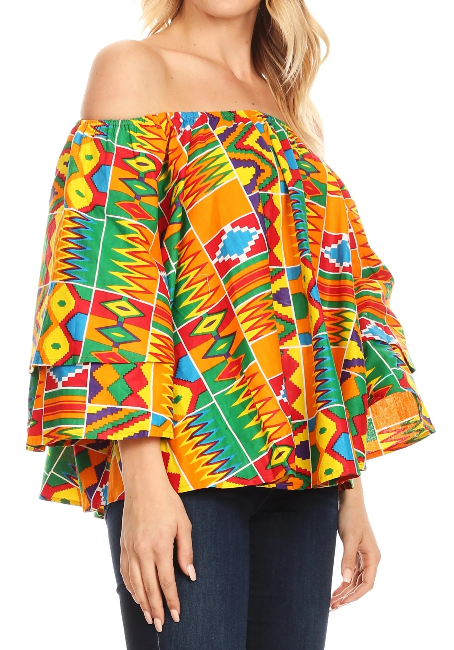 Sakkas Abree Off-shoulder Short Sleeve  Blouse Top Ankara Wax Dutch African Print