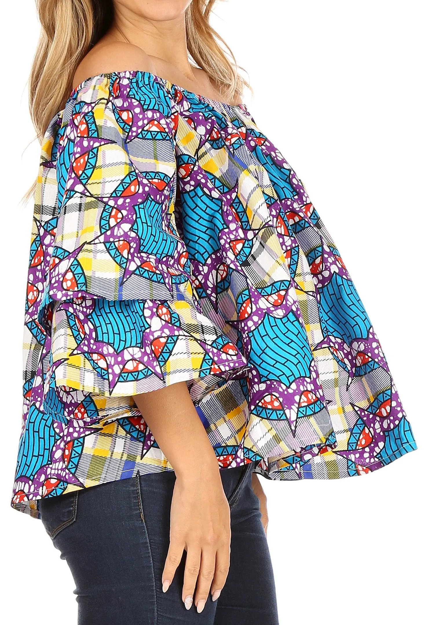 Sakkas Abree Off-shoulder Short Sleeve  Blouse Top Ankara Wax Dutch African Print