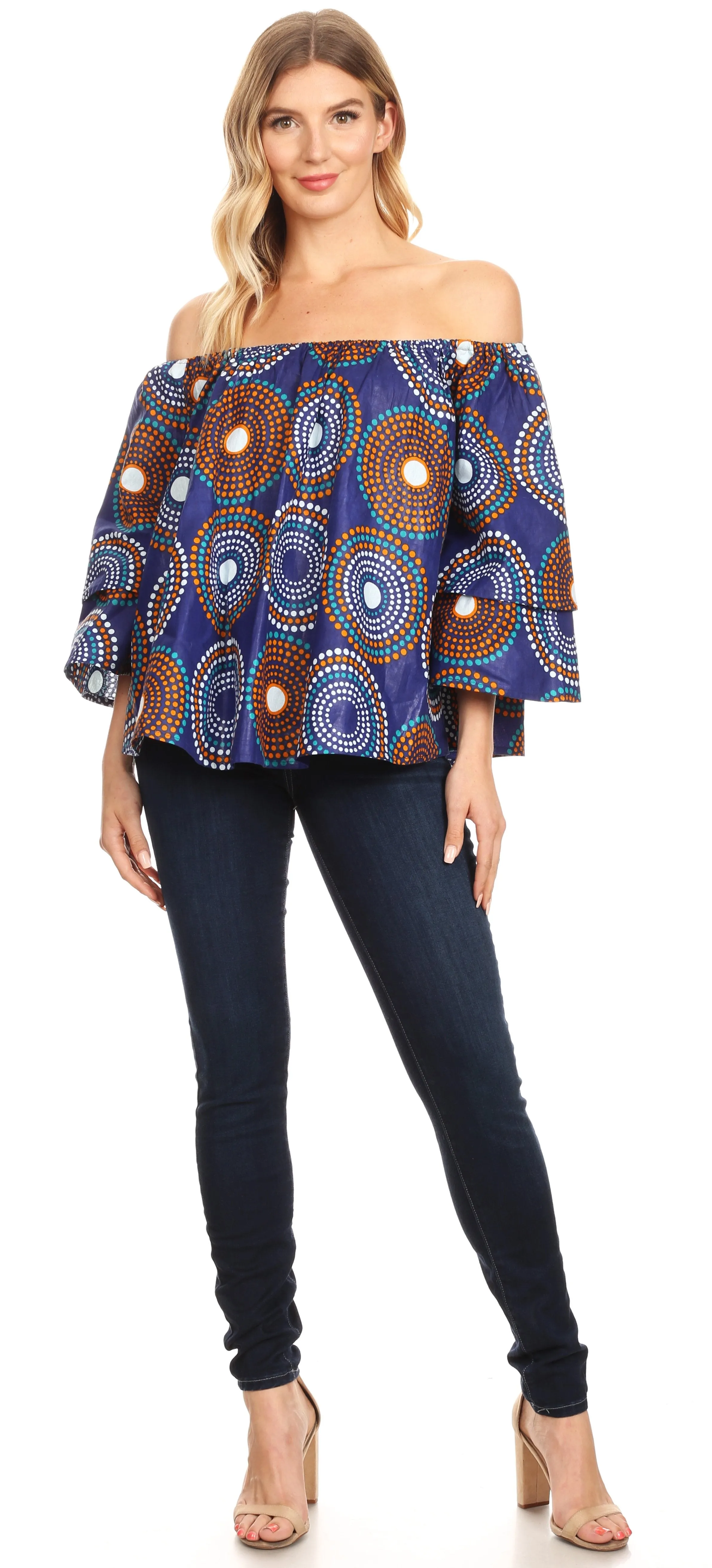 Sakkas Abree Off-shoulder Short Sleeve  Blouse Top Ankara Wax Dutch African Print