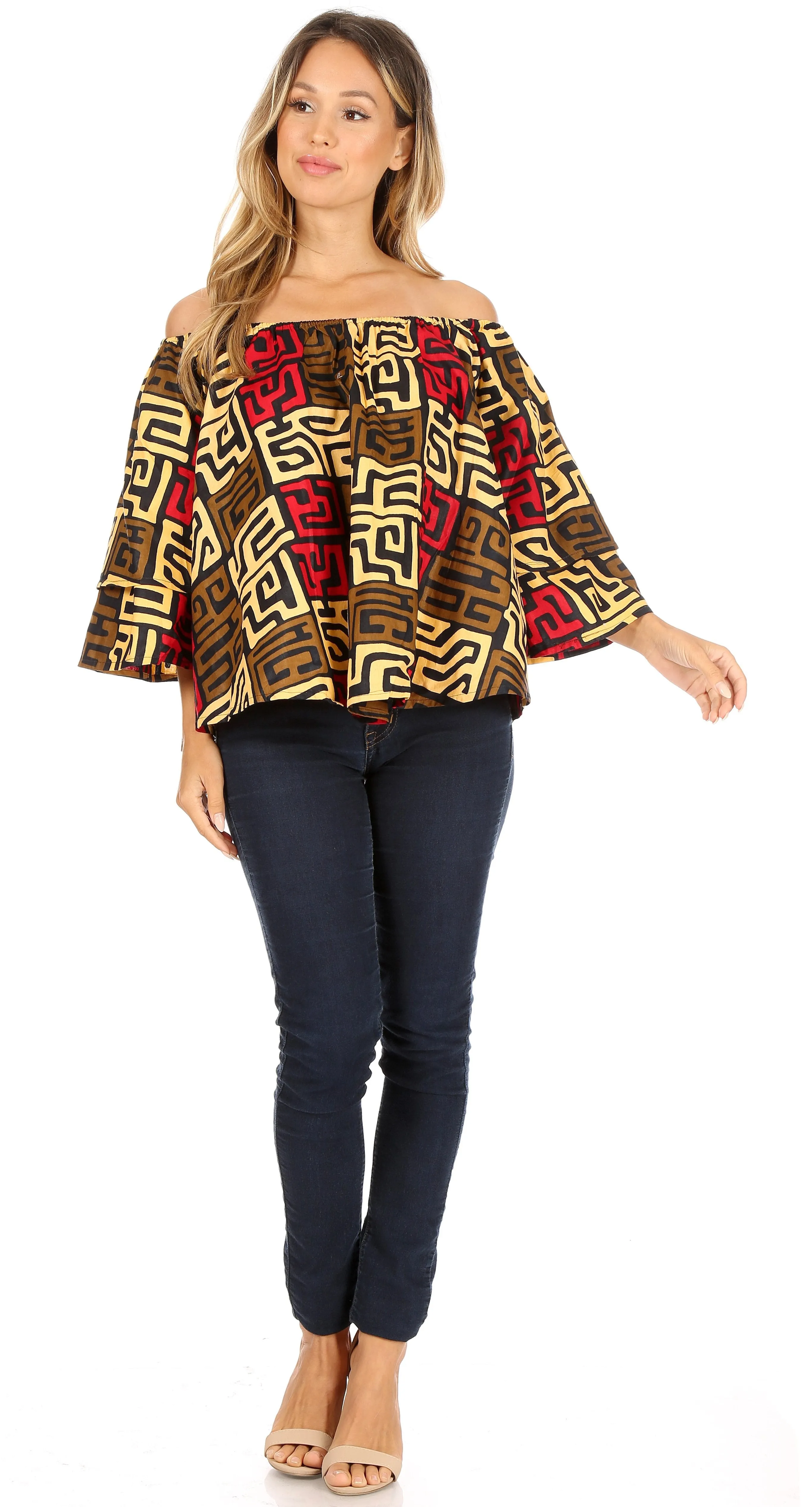 Sakkas Abree Off-shoulder Short Sleeve  Blouse Top Ankara Wax Dutch African Print