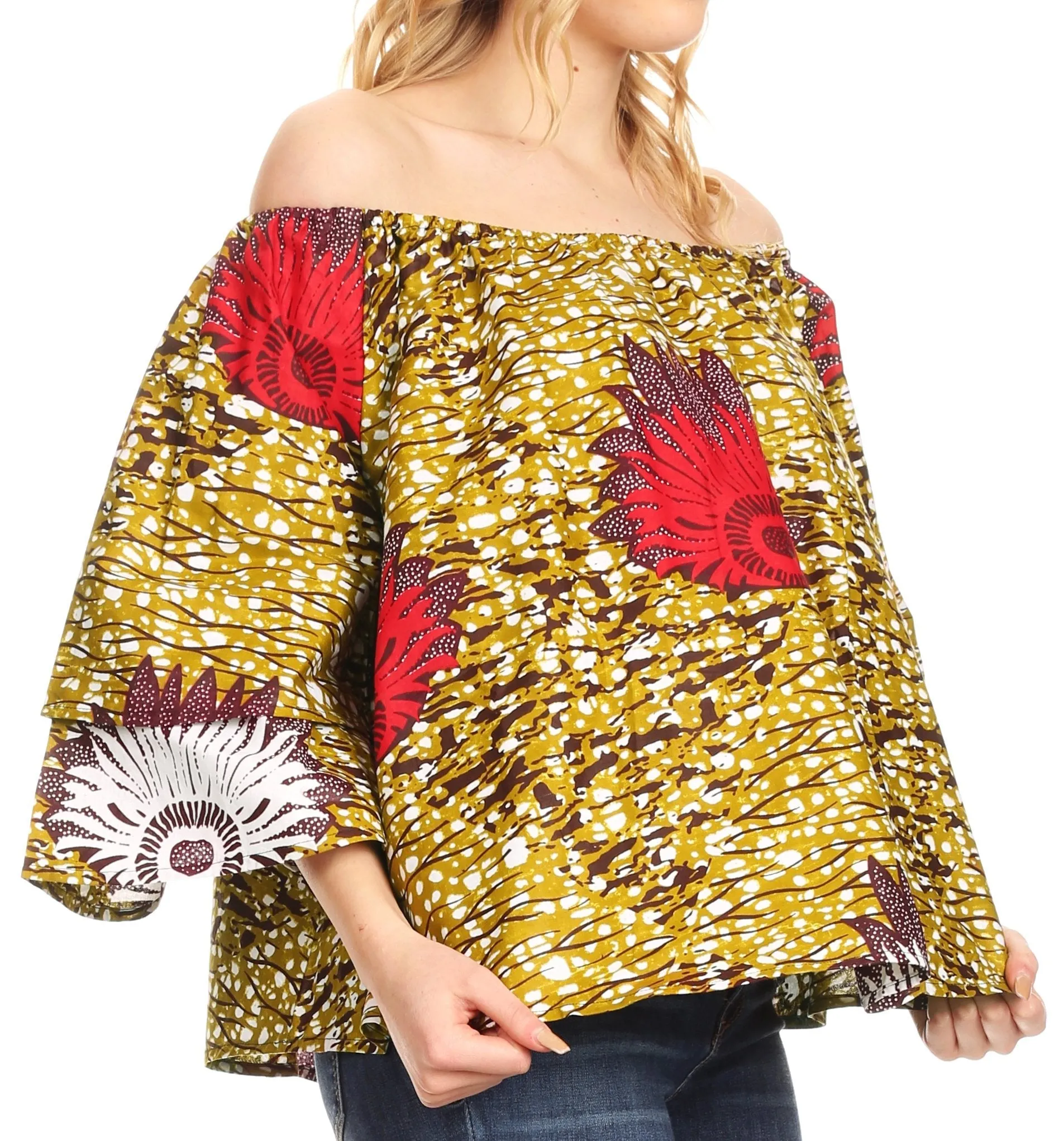 Sakkas Abree Off-shoulder Short Sleeve  Blouse Top Ankara Wax Dutch African Print