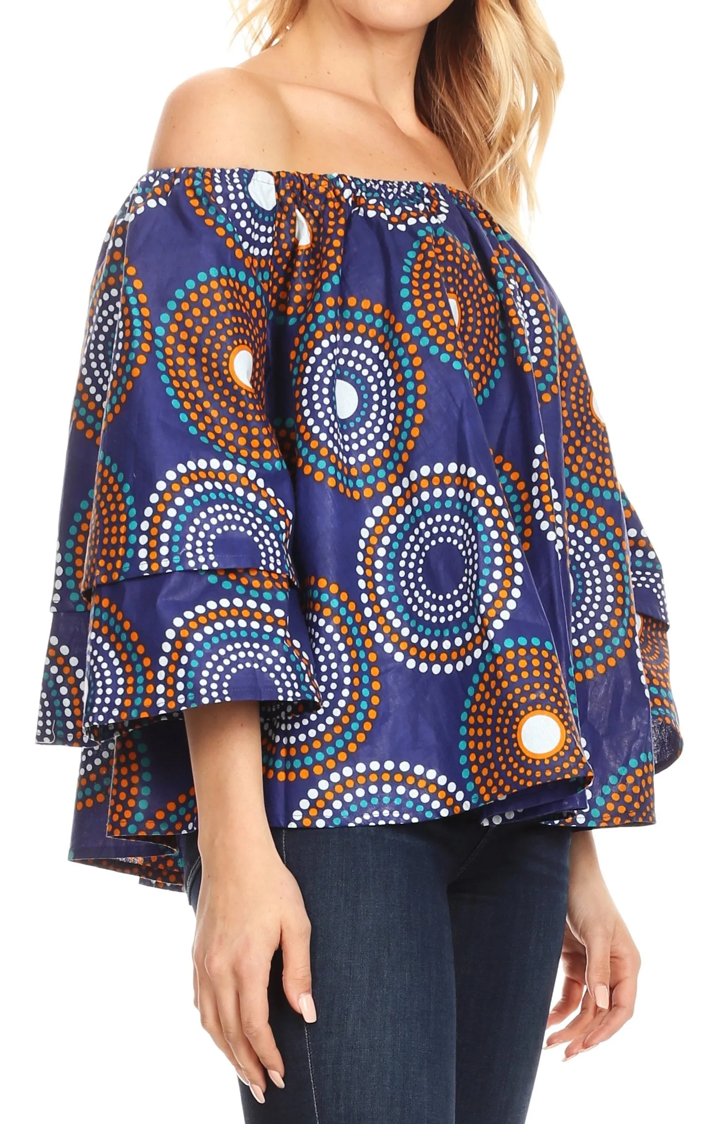 Sakkas Abree Off-shoulder Short Sleeve  Blouse Top Ankara Wax Dutch African Print