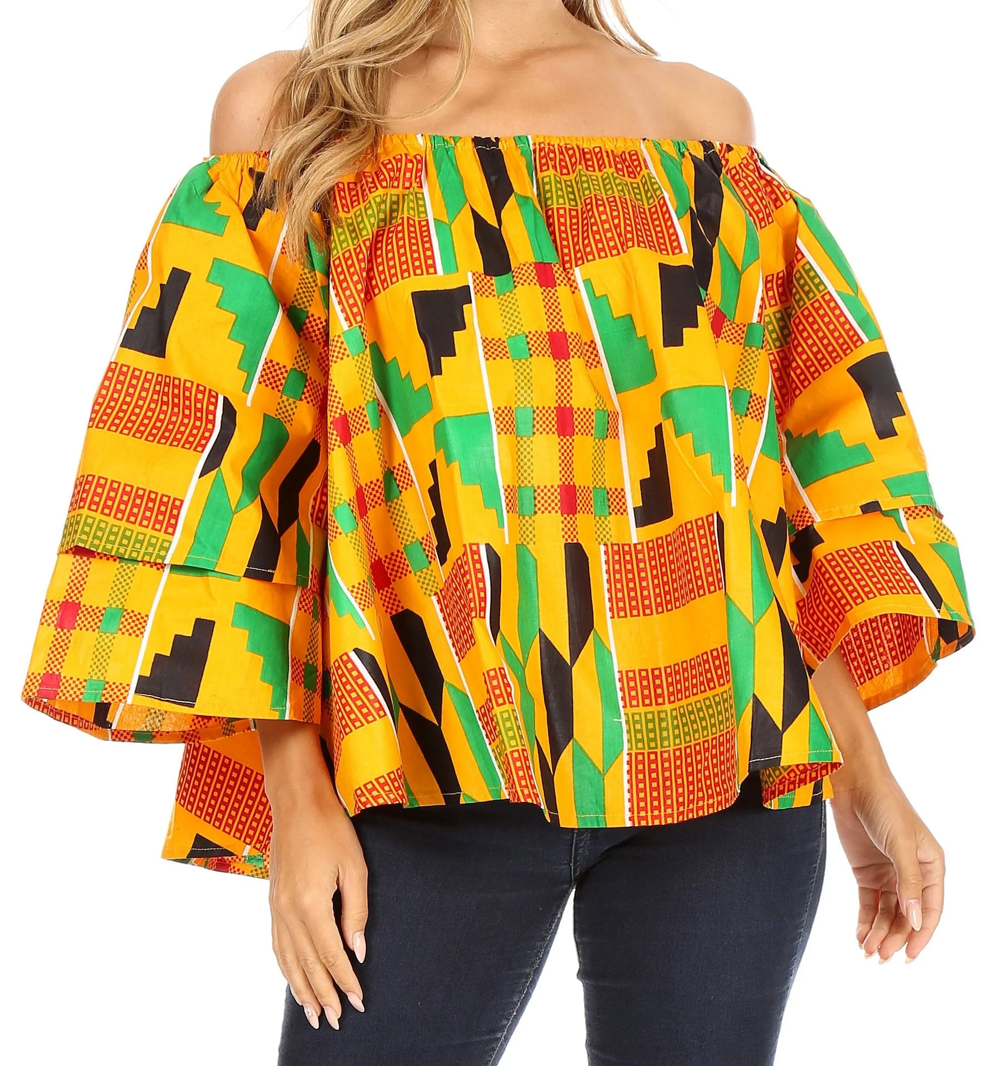 Sakkas Abree Off-shoulder Short Sleeve  Blouse Top Ankara Wax Dutch African Print