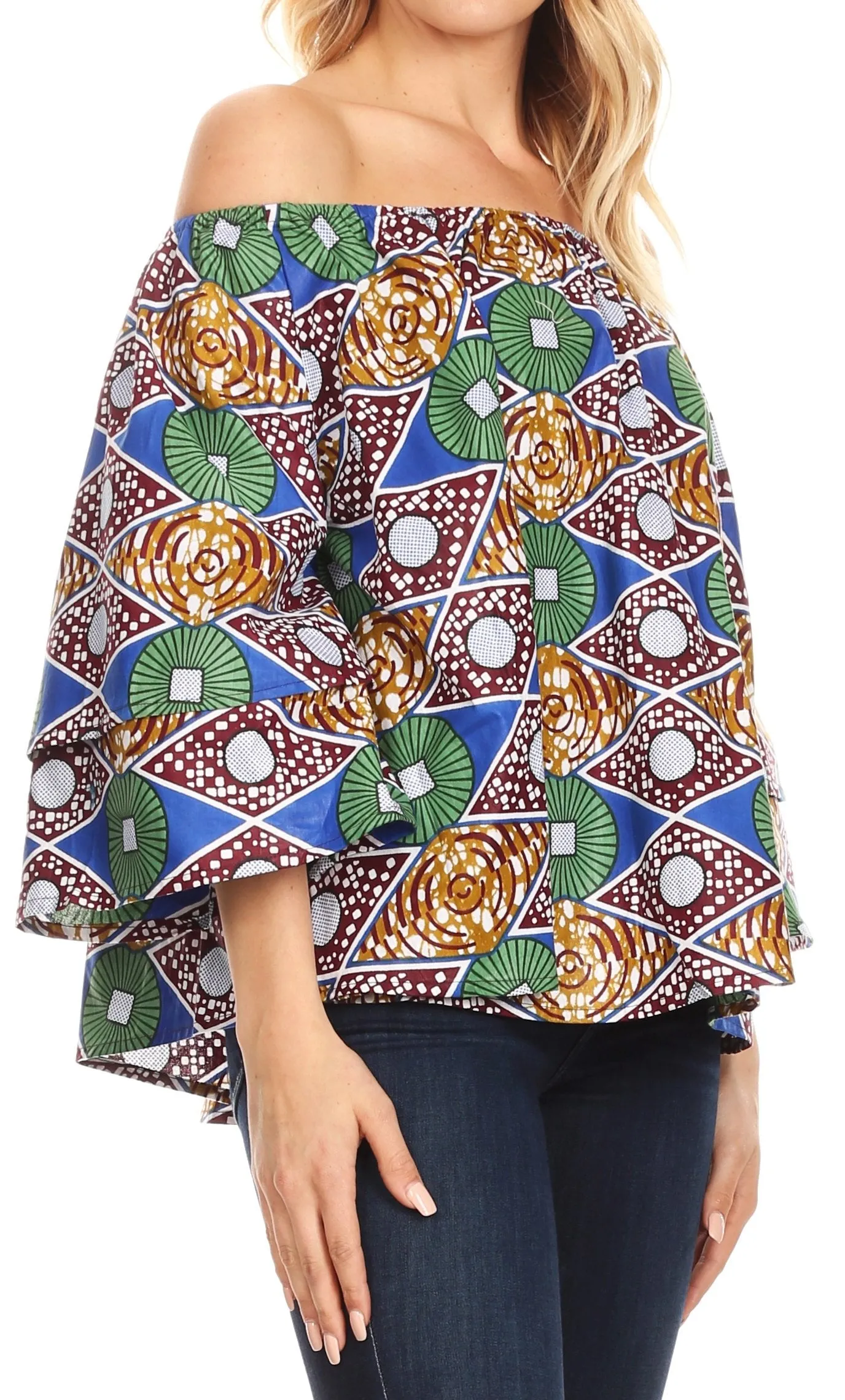 Sakkas Abree Off-shoulder Short Sleeve  Blouse Top Ankara Wax Dutch African Print