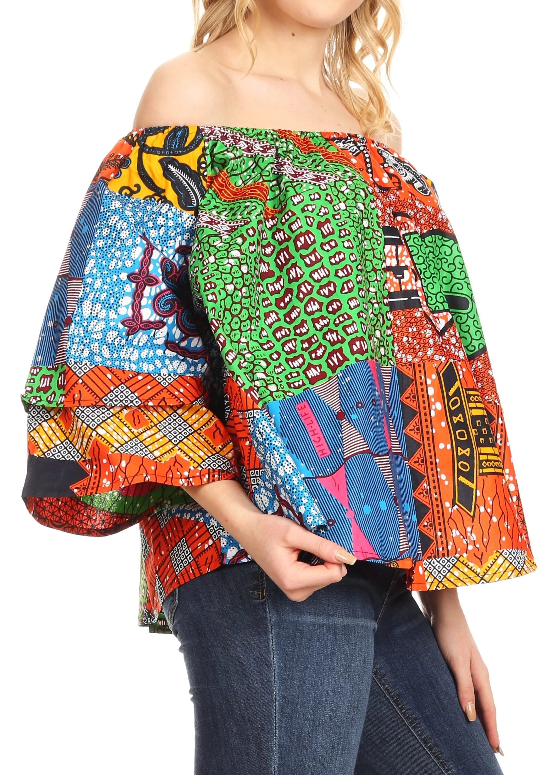 Sakkas Abree Off-shoulder Short Sleeve  Blouse Top Ankara Wax Dutch African Print