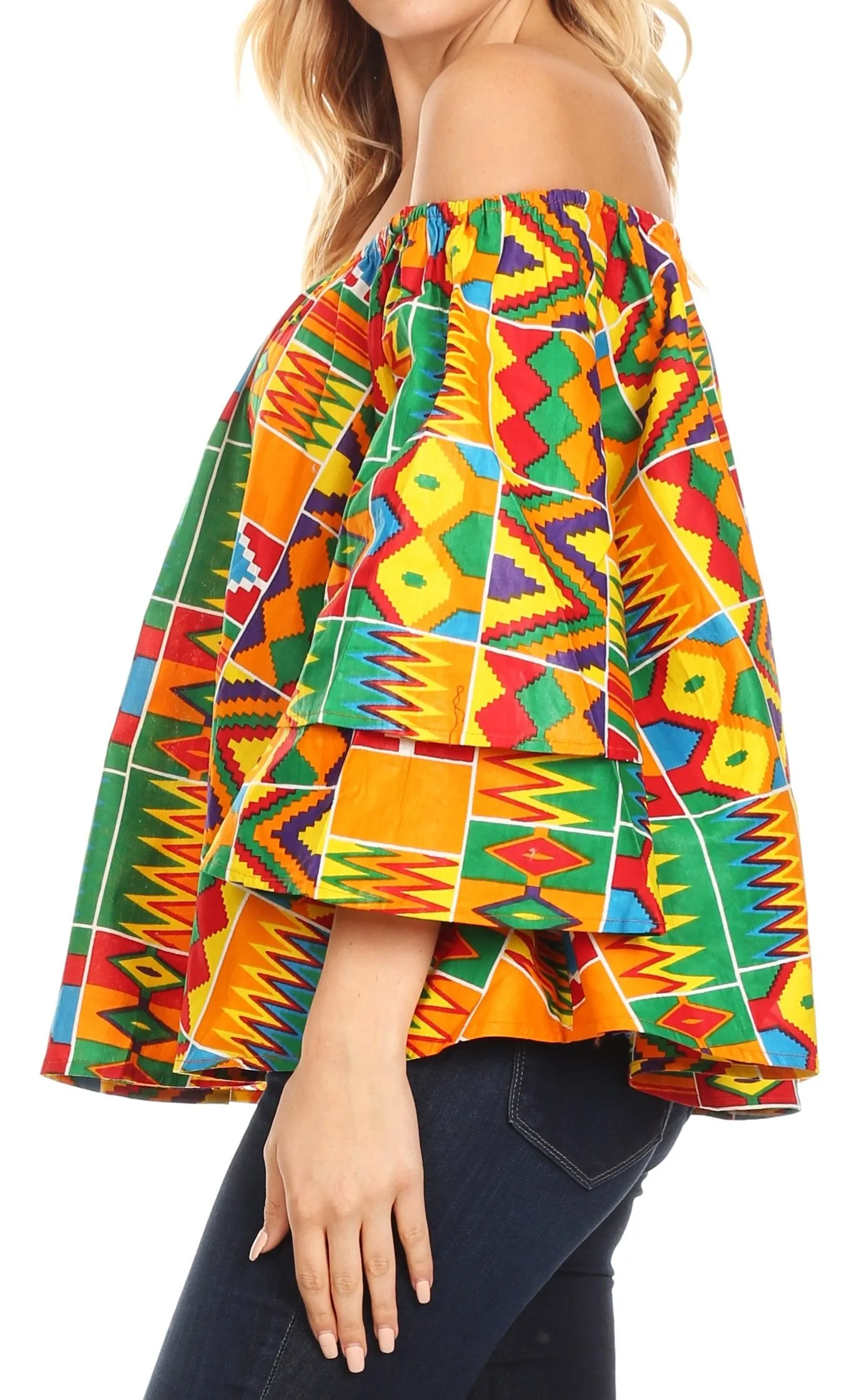 Sakkas Abree Off-shoulder Short Sleeve  Blouse Top Ankara Wax Dutch African Print