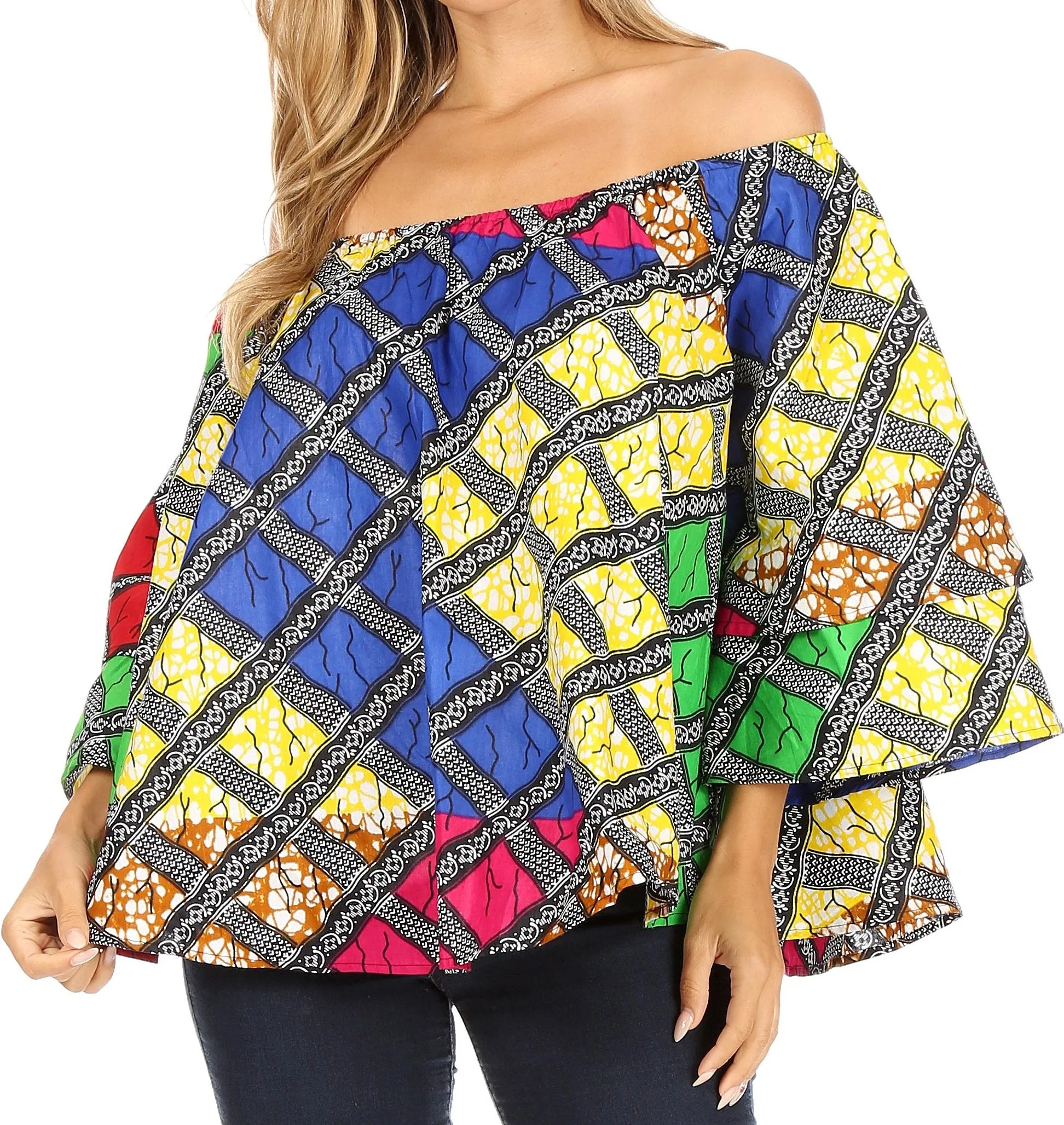 Sakkas Abree Off-shoulder Short Sleeve  Blouse Top Ankara Wax Dutch African Print