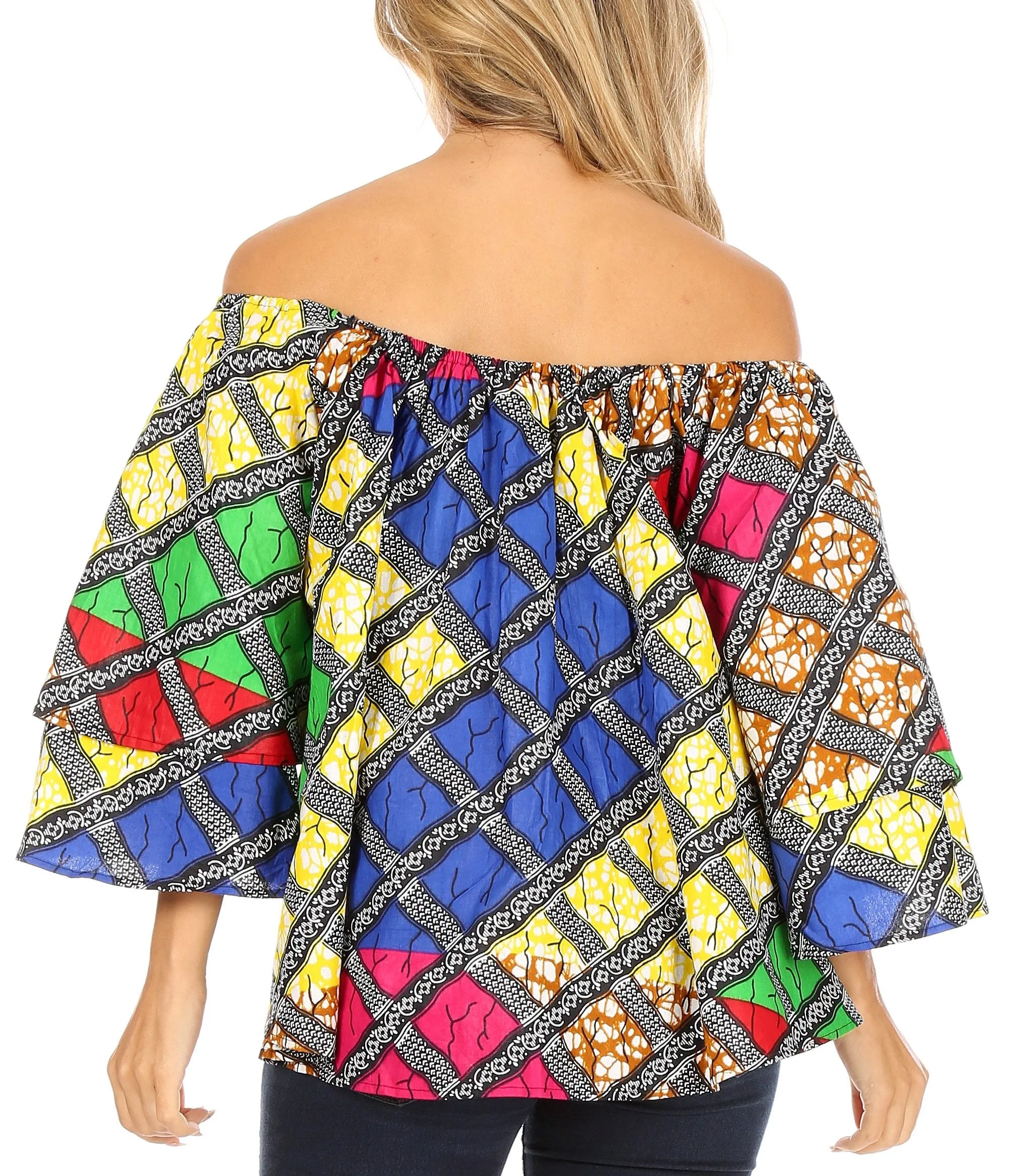 Sakkas Abree Off-shoulder Short Sleeve  Blouse Top Ankara Wax Dutch African Print