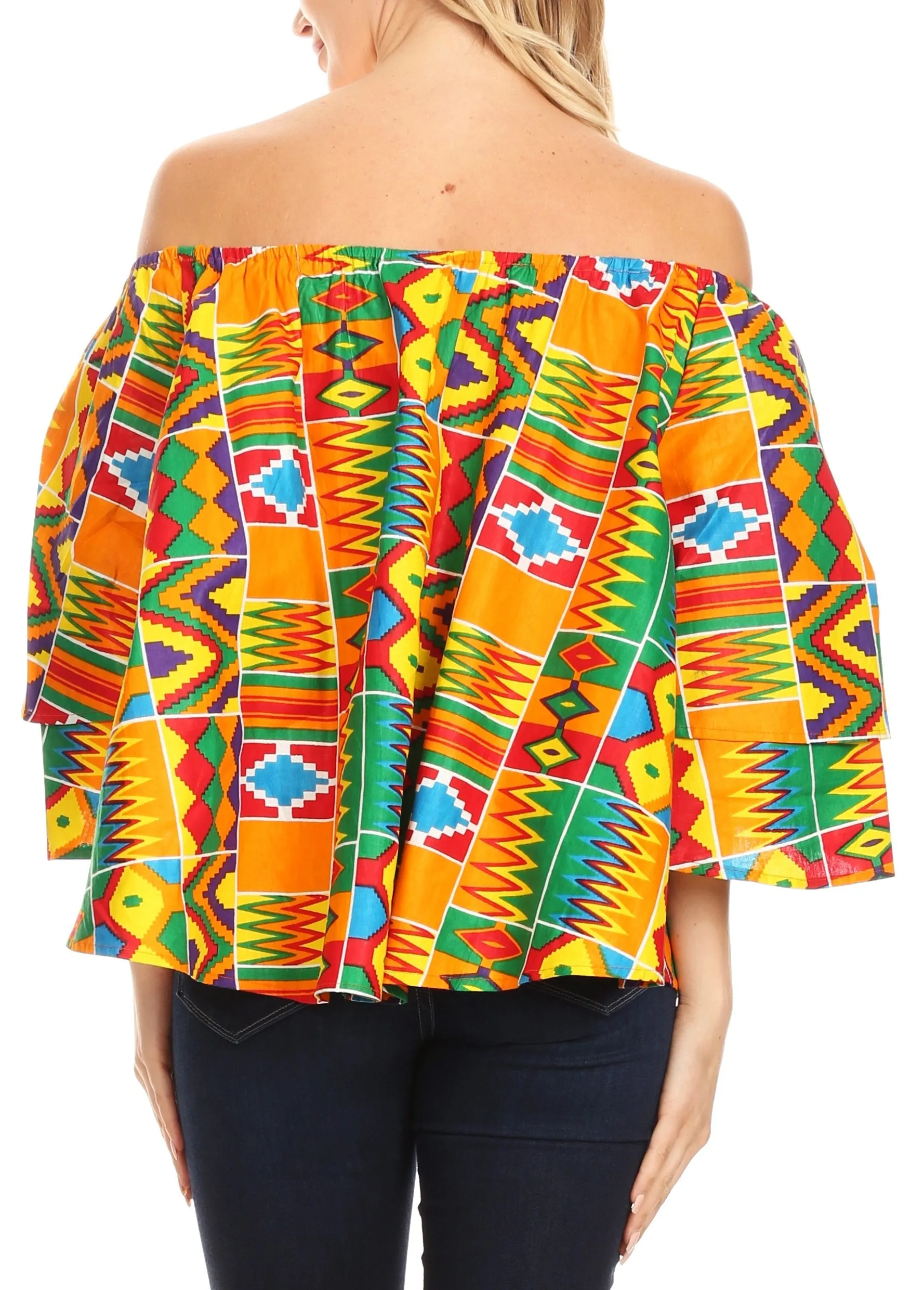 Sakkas Abree Off-shoulder Short Sleeve  Blouse Top Ankara Wax Dutch African Print